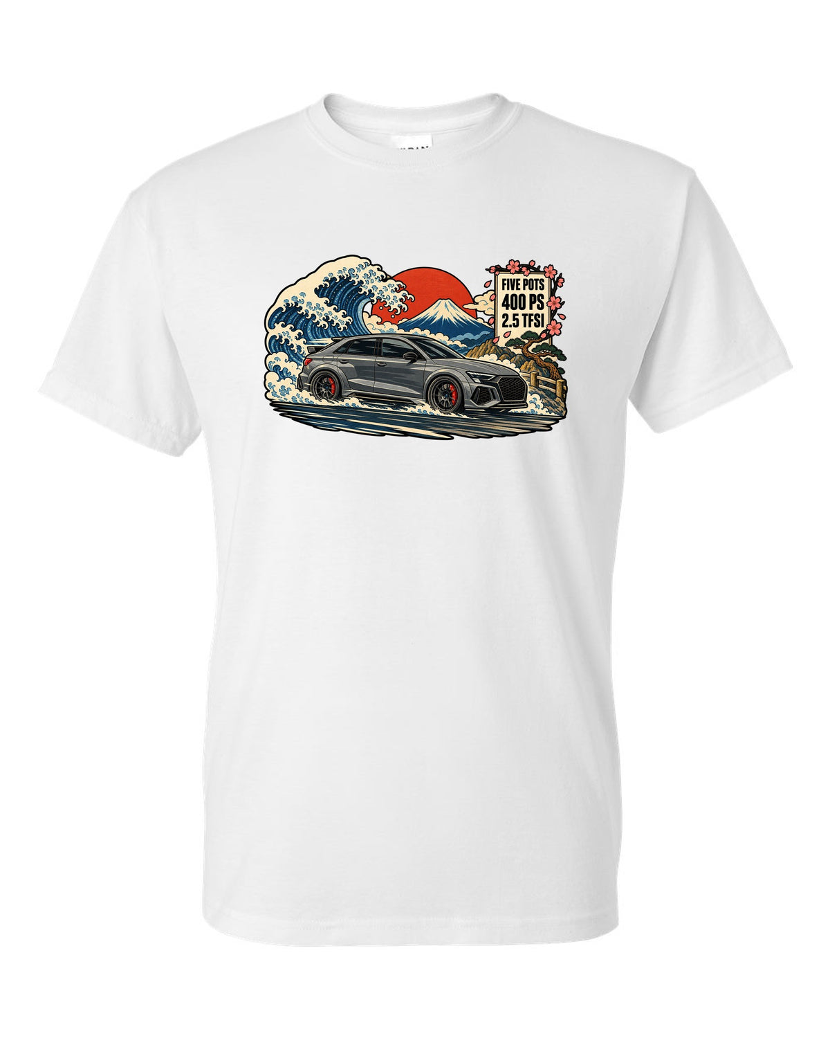 Ukiyo-e woodblock style print of an Audi RS3 8Y with a mountain and 2.5 TFSI text white t-shirt front view with the design