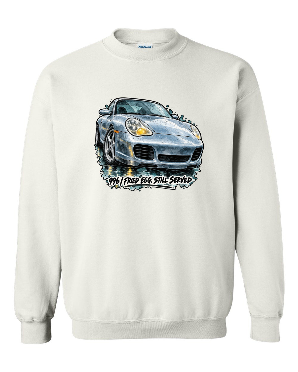 Watercolour ink wash of a Porsche 911 996 on a wet road white crewneck front view with the design
