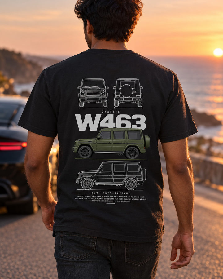 Mercedes G-Class G63 AMG Blueprint Full-Back Graphic Tee, W463 Chassis Code T-Shirt Black worn hero