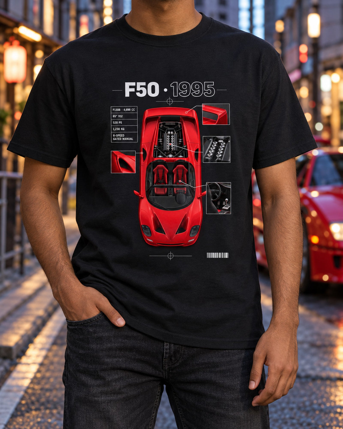 Ferrari F50 F130B Top-Down Spec Poster Tee, 65 Degree V12 T-Shirt Black worn hero