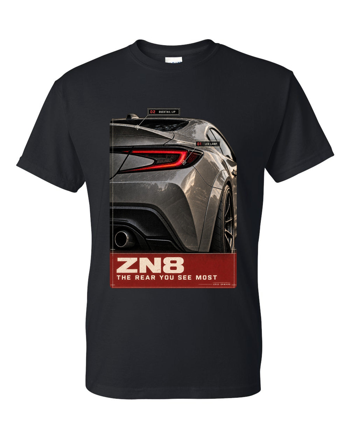 Macro poster-style print of the rear lamp on a Toyota GR86 ZN8 black t-shirt front view with the design