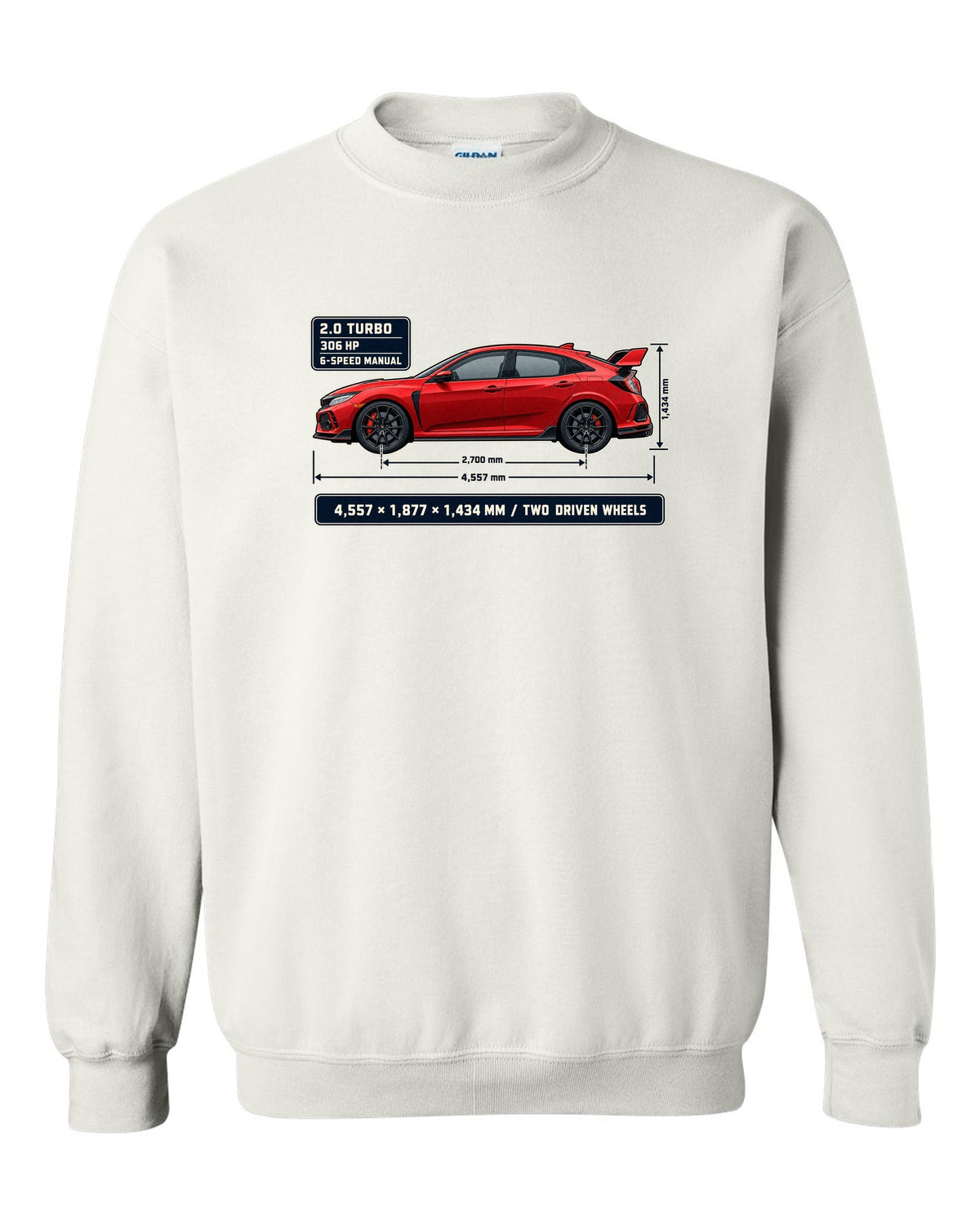 print dimension blueprint of a red Honda Civic Type R FK8 white crewneck front view with the design