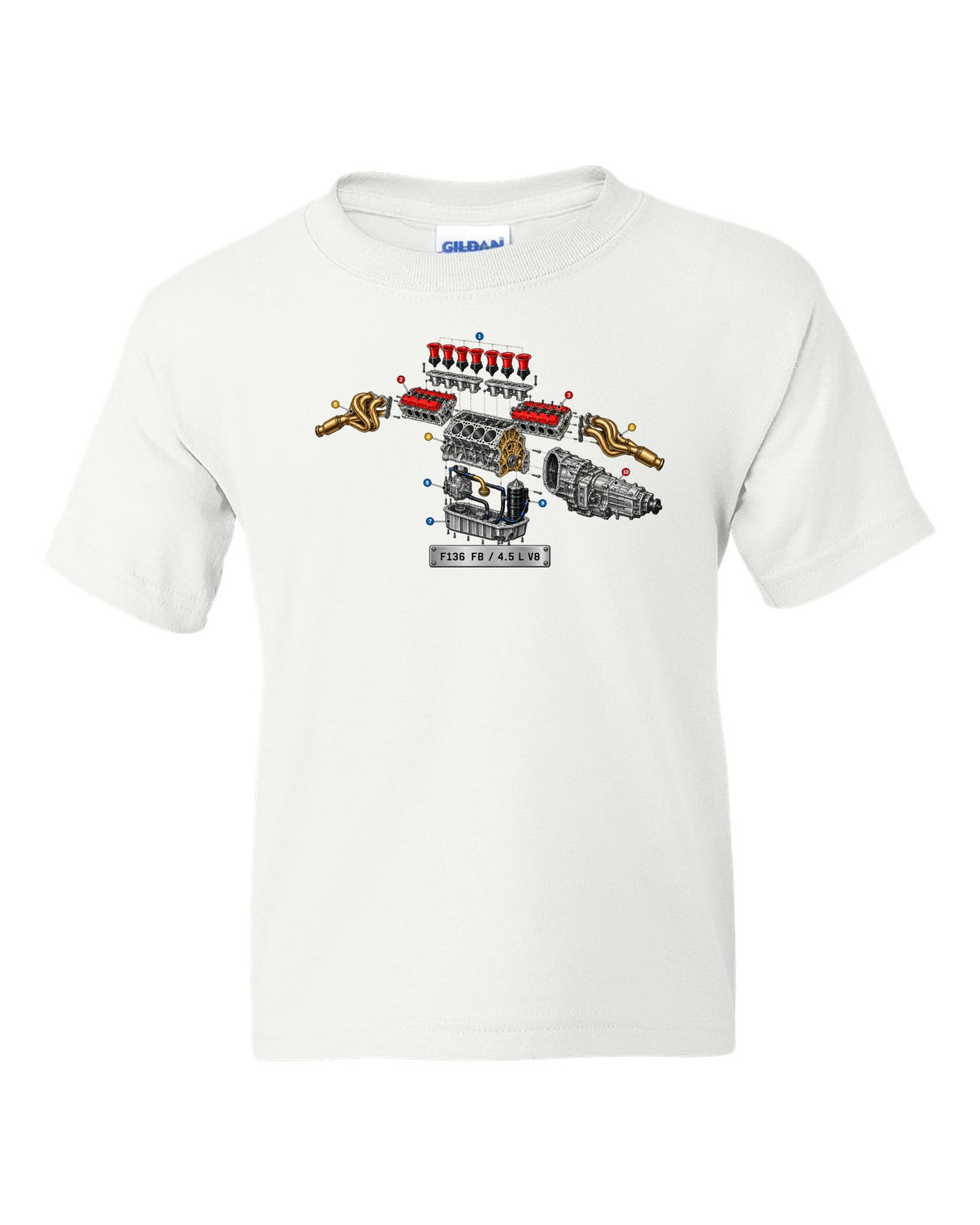 Exploded view of the Ferrari 458 Italia F136 FB V8 with numbered callouts white kids tee front view with the design