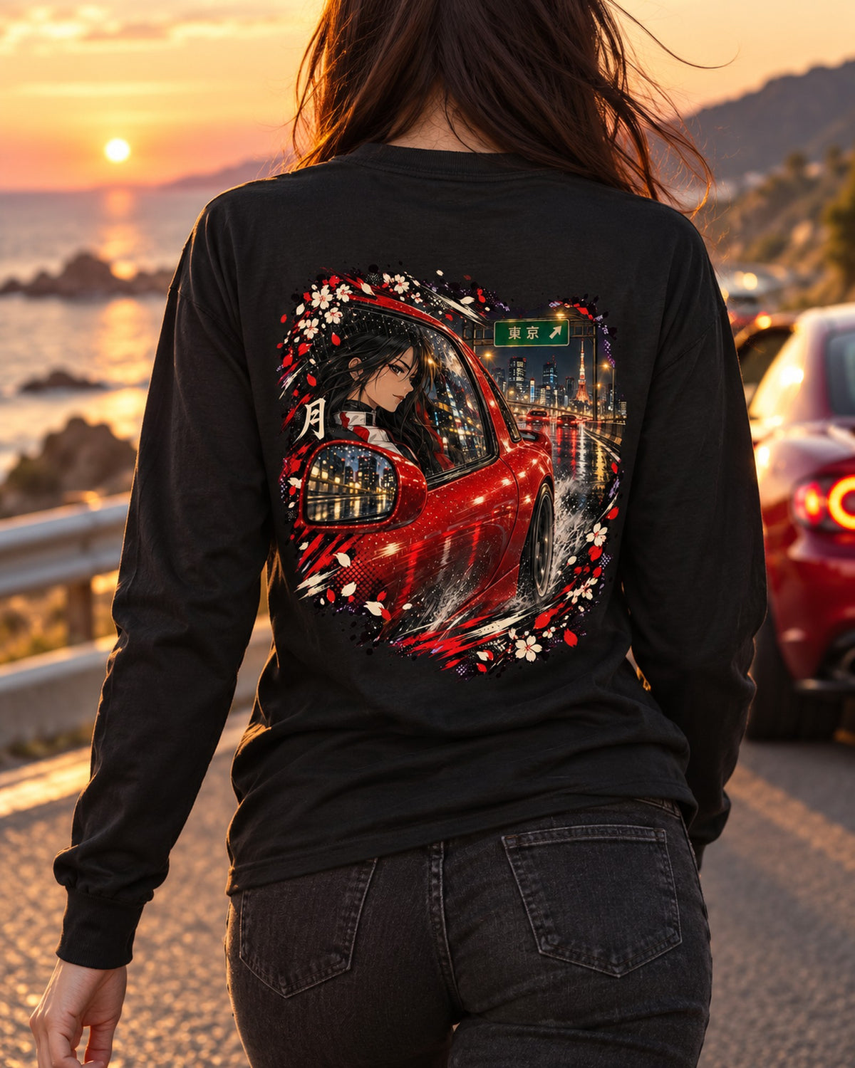 Mazda RX-7 FD Anime Girl Shirt, Hoodie & More Long Sleeve Black worn hero