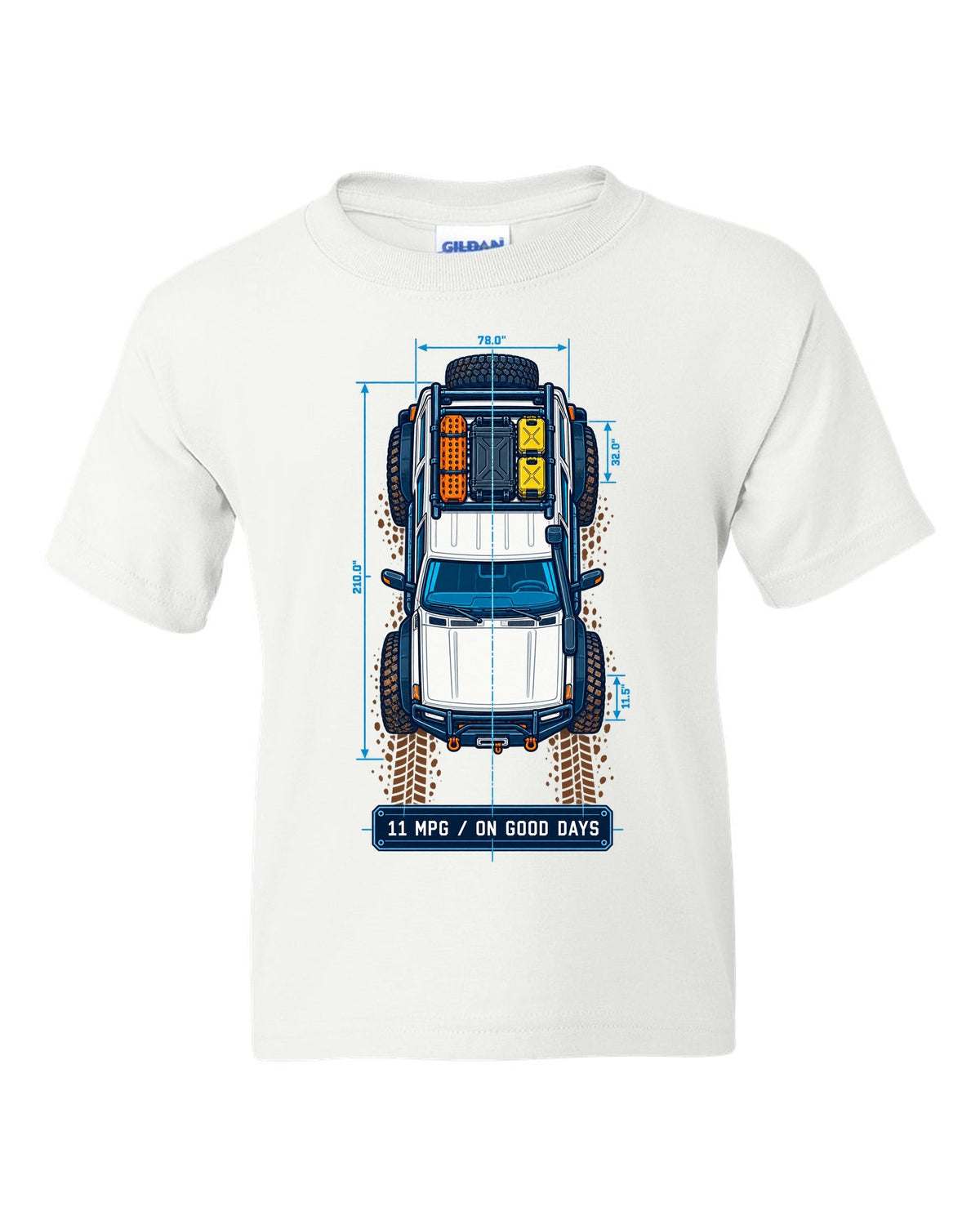 Top-down blueprint line art of a Toyota Land Cruiser FJ80 with roof rack and 11 MPG lettering white kids tee front view with the design