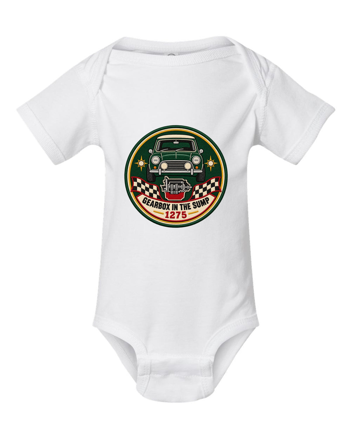 Round crest for the classic Mini Cooper S ADO15 with gearbox in the sump lettering white baby onesie front view with the design