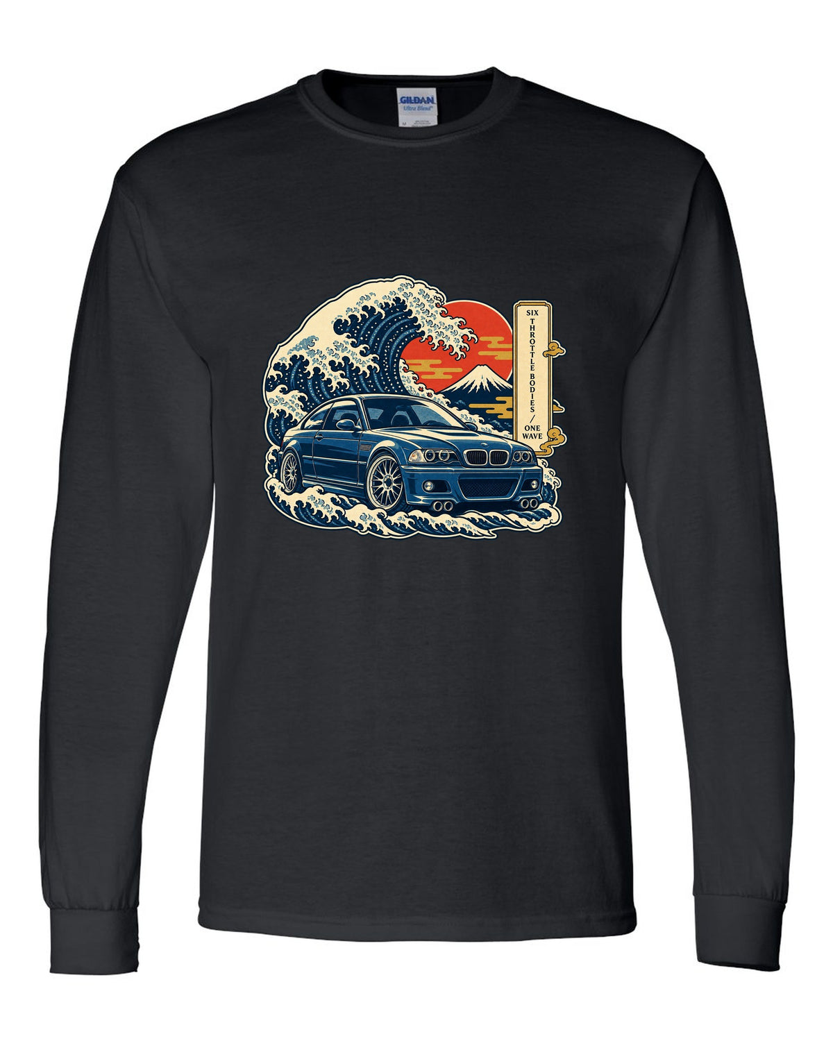 Ukiyo-e woodblock style print of a BMW E46 M3 coupe with six throttle bodies one wave text black long sleeve front view with the design