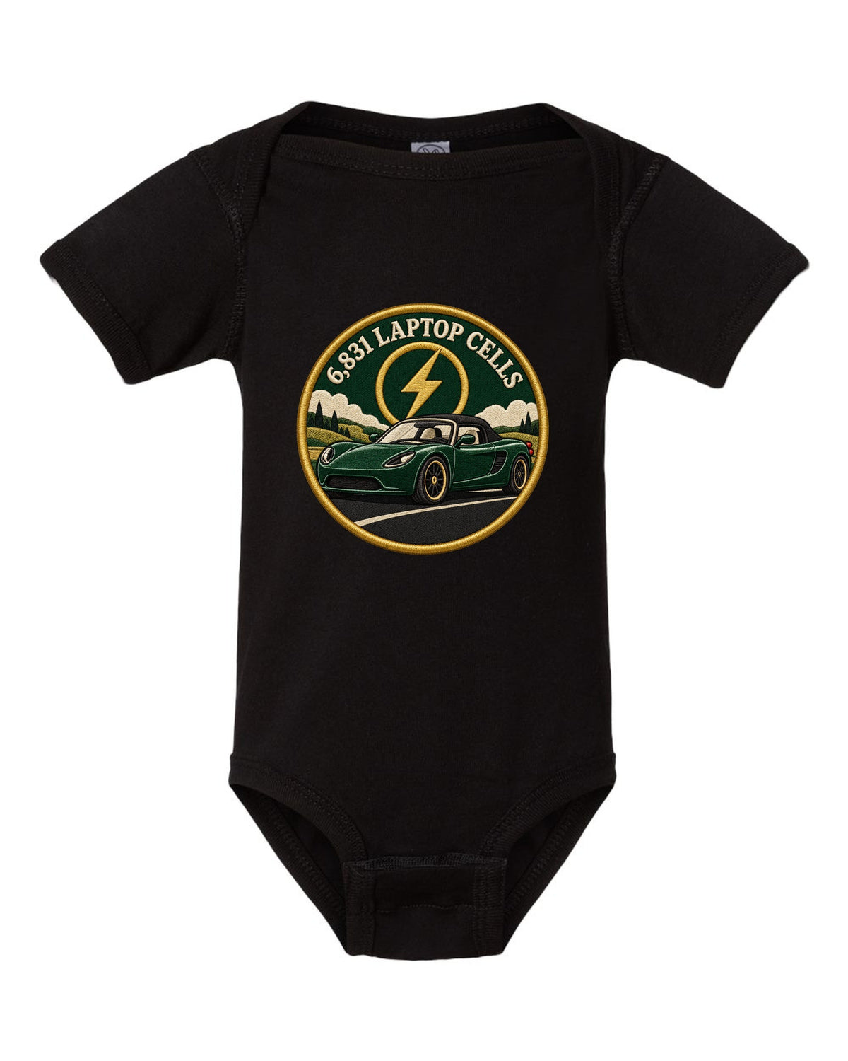 Round crest print of a Tesla Roadster Gen 1 reading 6,831 Laptop Cells black baby onesie front view with the design