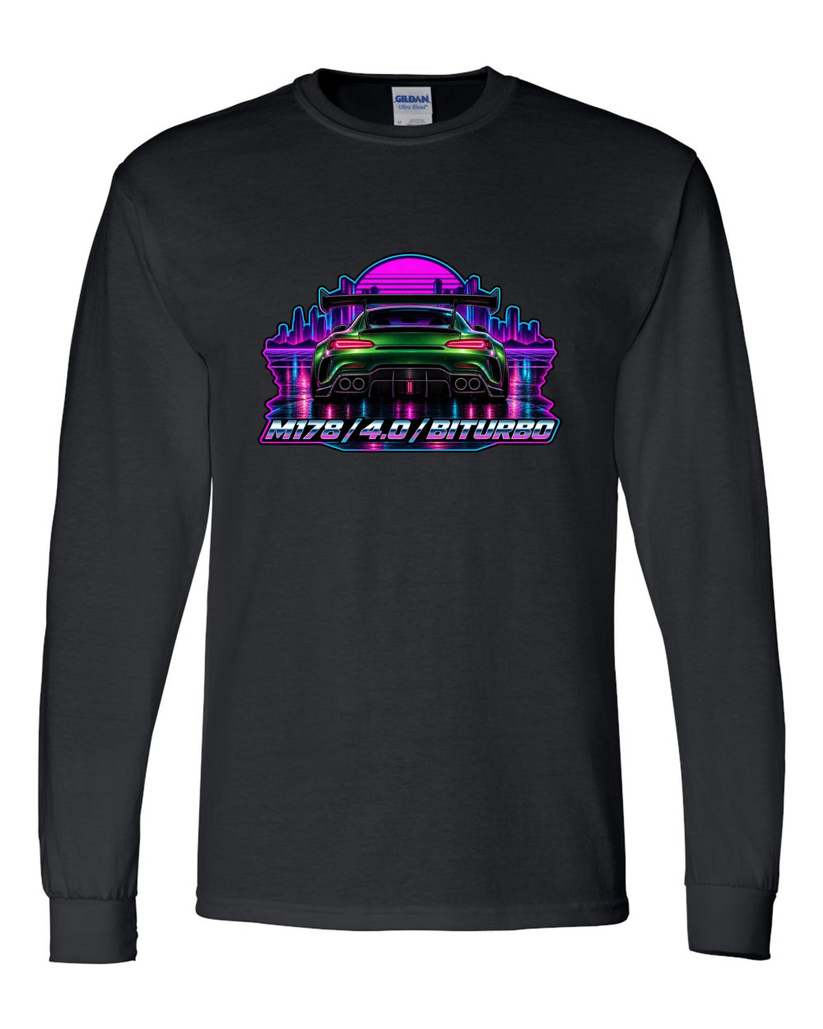 Cyanotype blueprint style engine bay illustration of a Mercedes AMG GT C190 with M178 557 PS text black long sleeve front view with the design