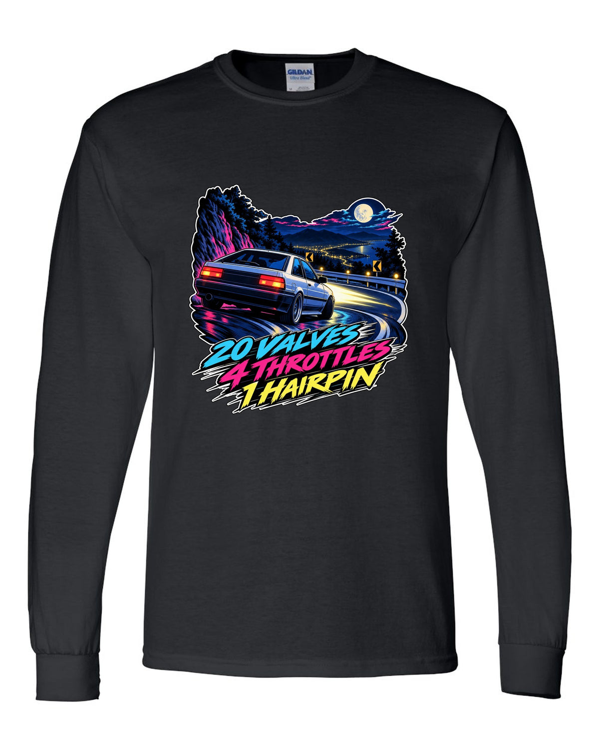 Cel-shaded 90s anime night touge scene of a Toyota Corolla AE101 with valves and throttles lettering black long sleeve front view with the design