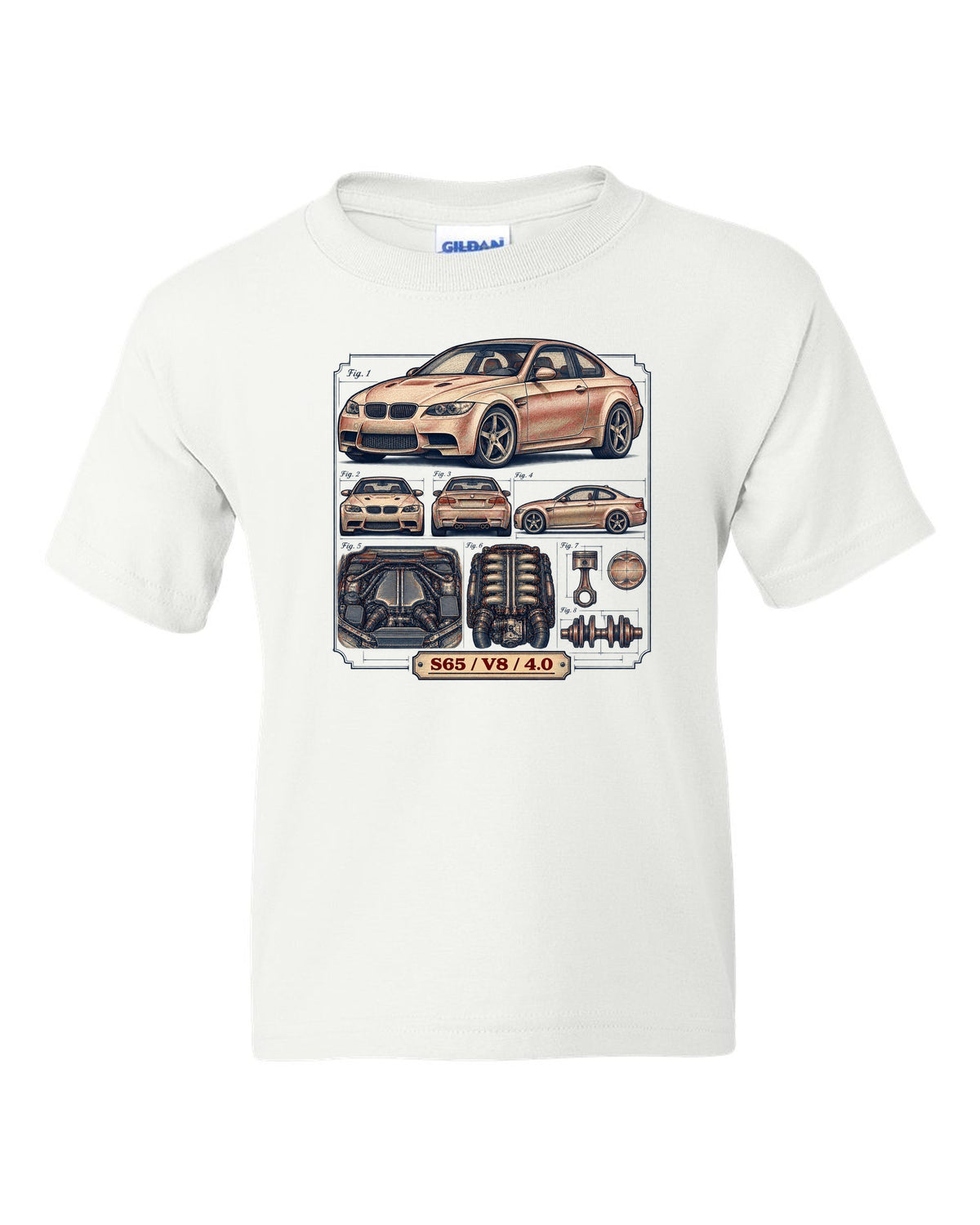 Blueprint patent line drawing of a BMW E92 M3 coupe with S65 V8 4.0 text white kids tee front view with the design