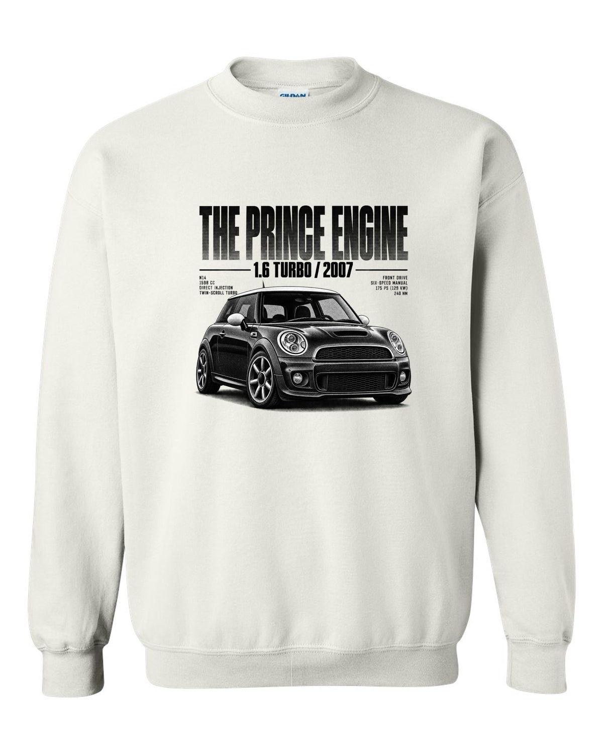 Halftone print of a Mini Cooper S R56 front three-quarter low angle with Prince engine text white crewneck front view with the design