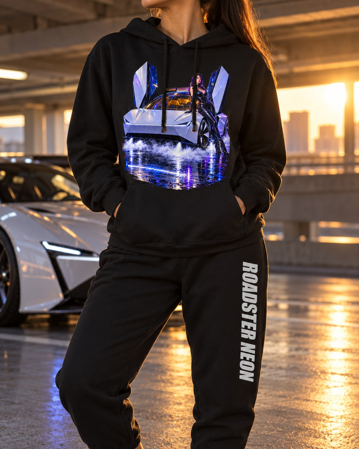 Tesla Roadster Neon Anime Girl Hoodie + Jogger Set Black worn hero