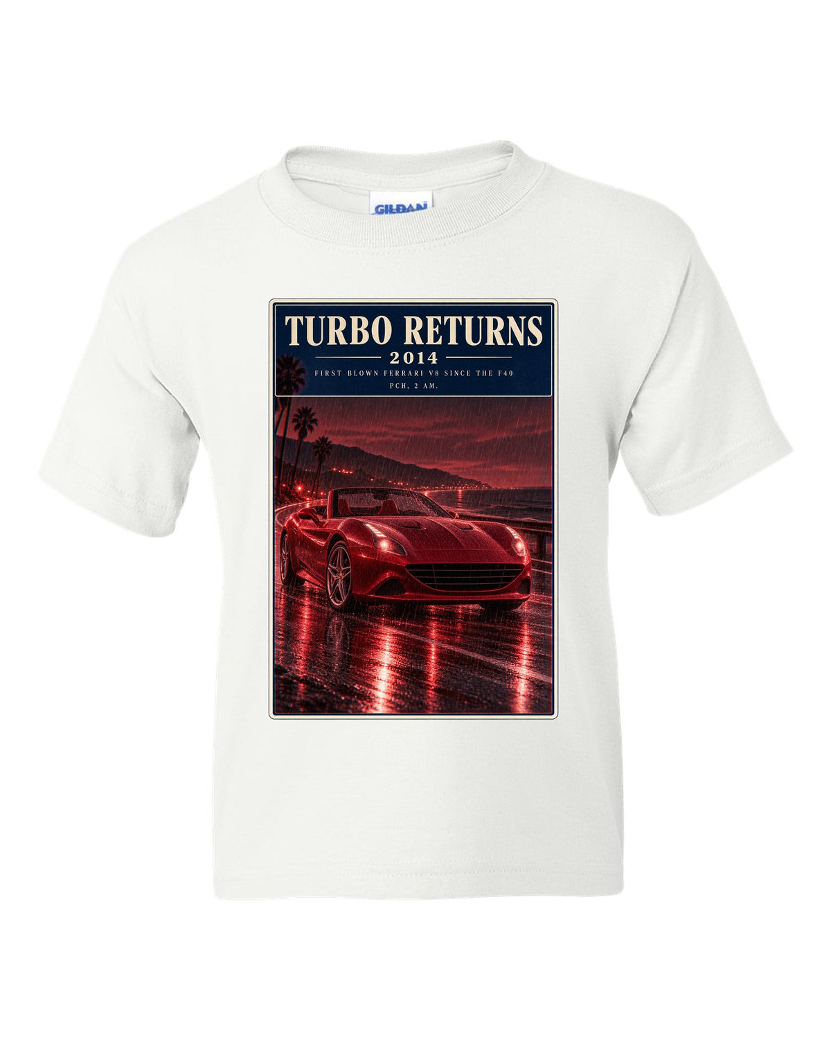 Red monochrome night street print of the Ferrari California T white kids tee front view with the design