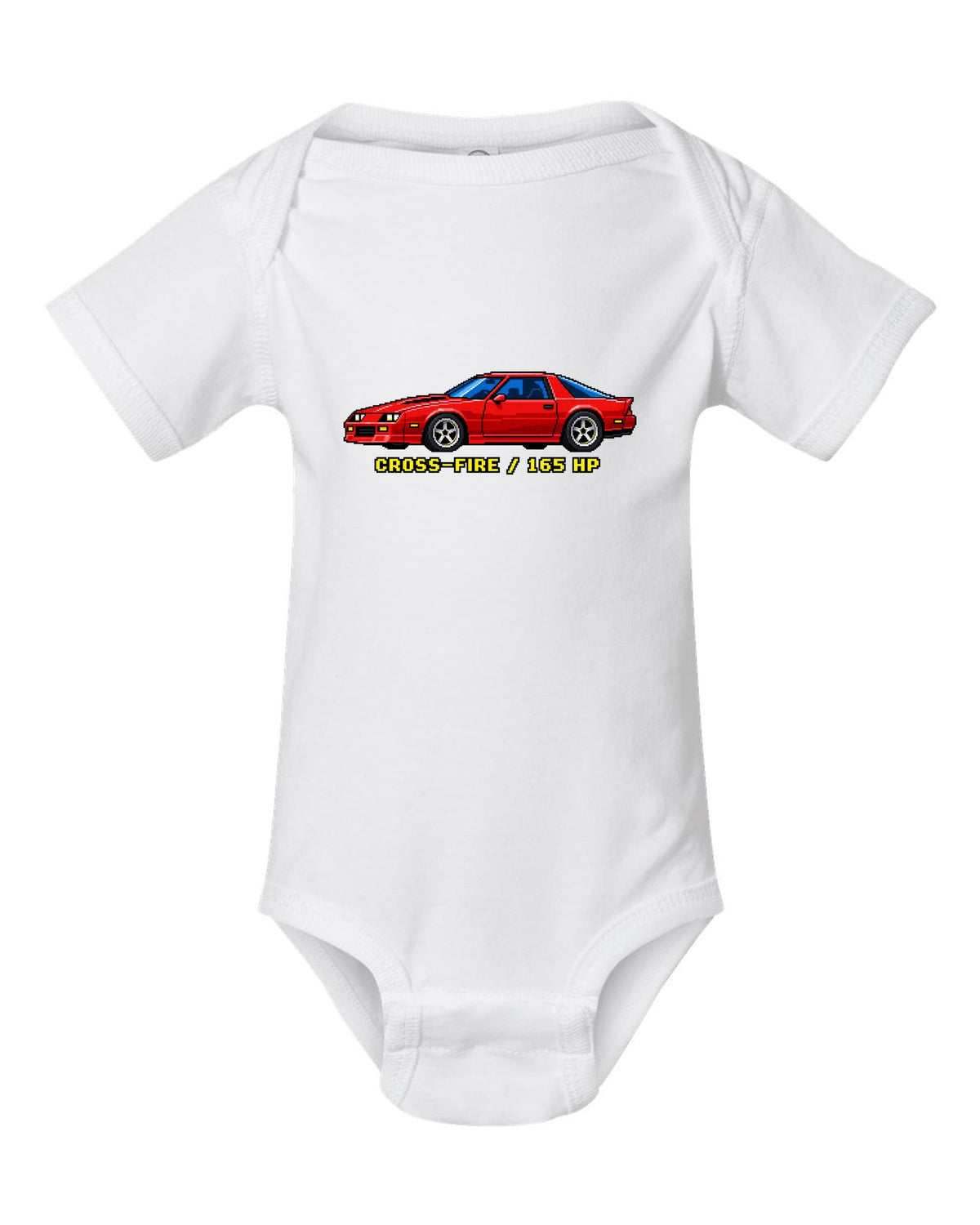 1982 Camaro Z28 third-generation chback in 16-bit pixel art with Cross-Fire 165 HP text white baby onesie front view with the design