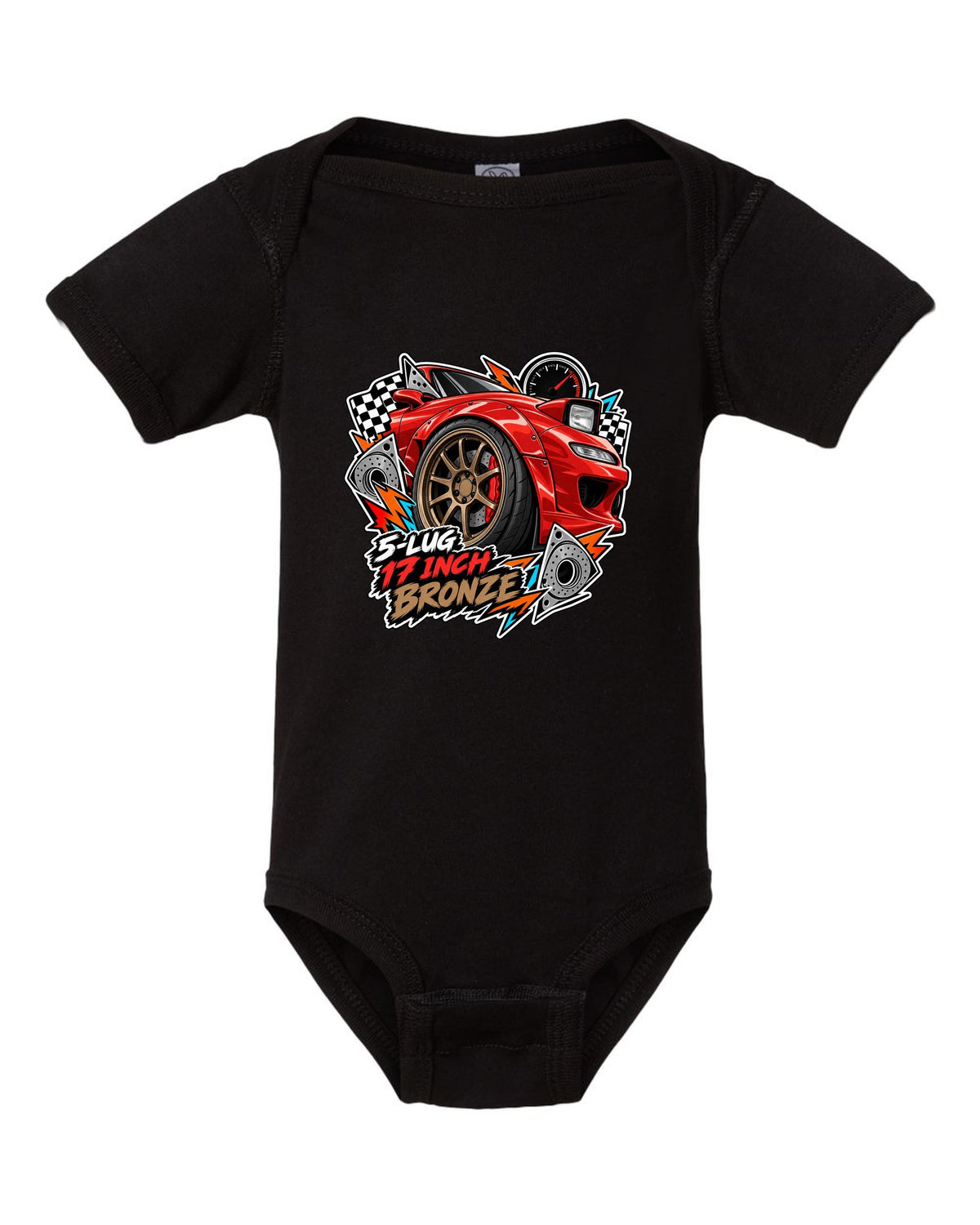 Gauge cluster print of a Mazda RX-7 FD3S boost needle with the text Boost Leak Somewhere black baby onesie front view with the design