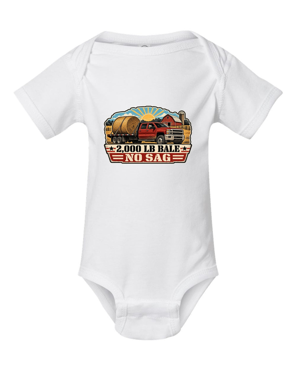 Distressed screen-print print of a 2010-2018 Ram 3500 6.7 Cummins hauling a round bale white baby onesie front view with the design