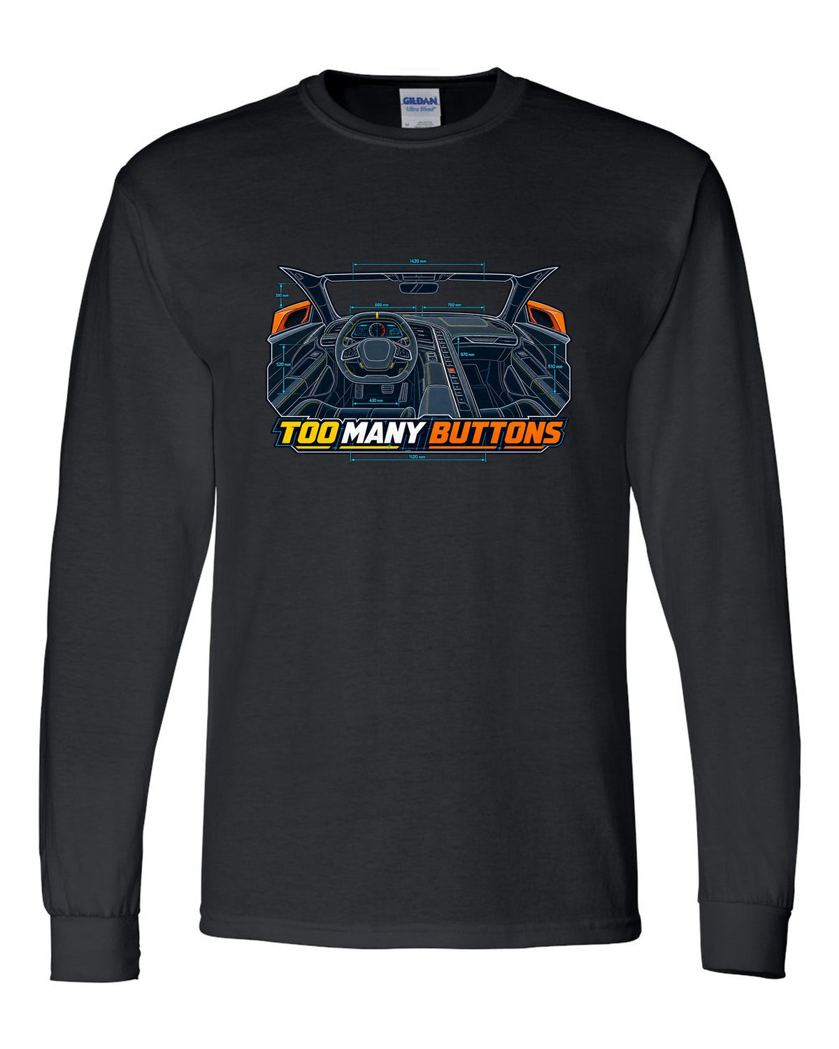 Blueprint line art print of a Chevrolet Corvette C8 Stingray cockpit with Too Many Buttons text black long sleeve front view with the design