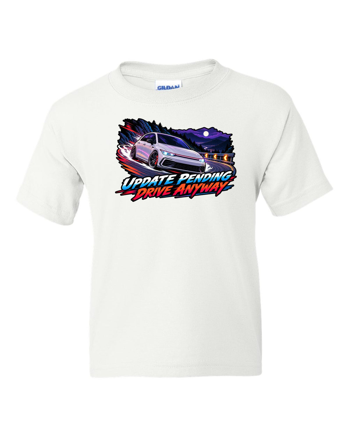Cel-shaded anime night touge scene of a VW Golf Mk8 GTI with update pending drive anyway text white kids tee front view with the design