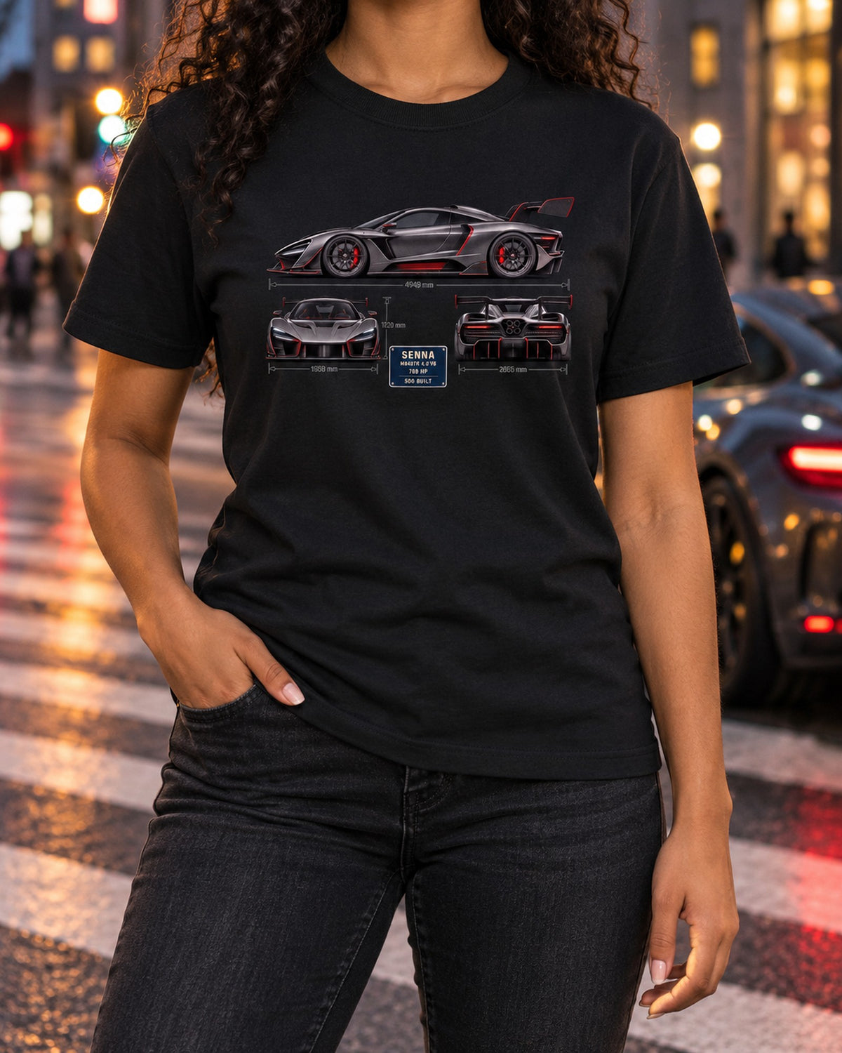 McLaren Senna Three-View Spec Table Tee, Car Guy Gift T-Shirt Black worn hero