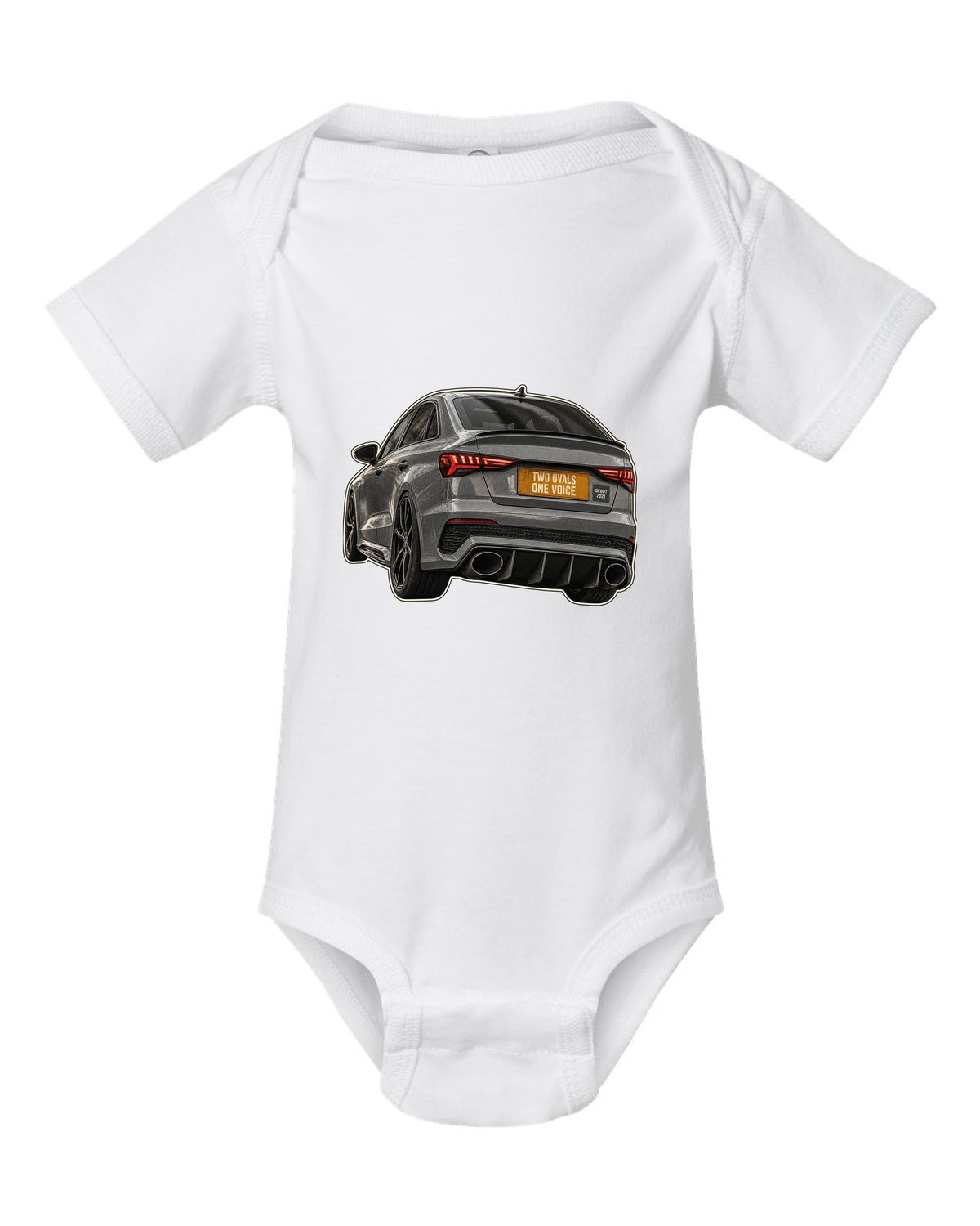 Taillight and exhaust macro of an Audi RS3 8Y sedan white baby onesie front view with the design