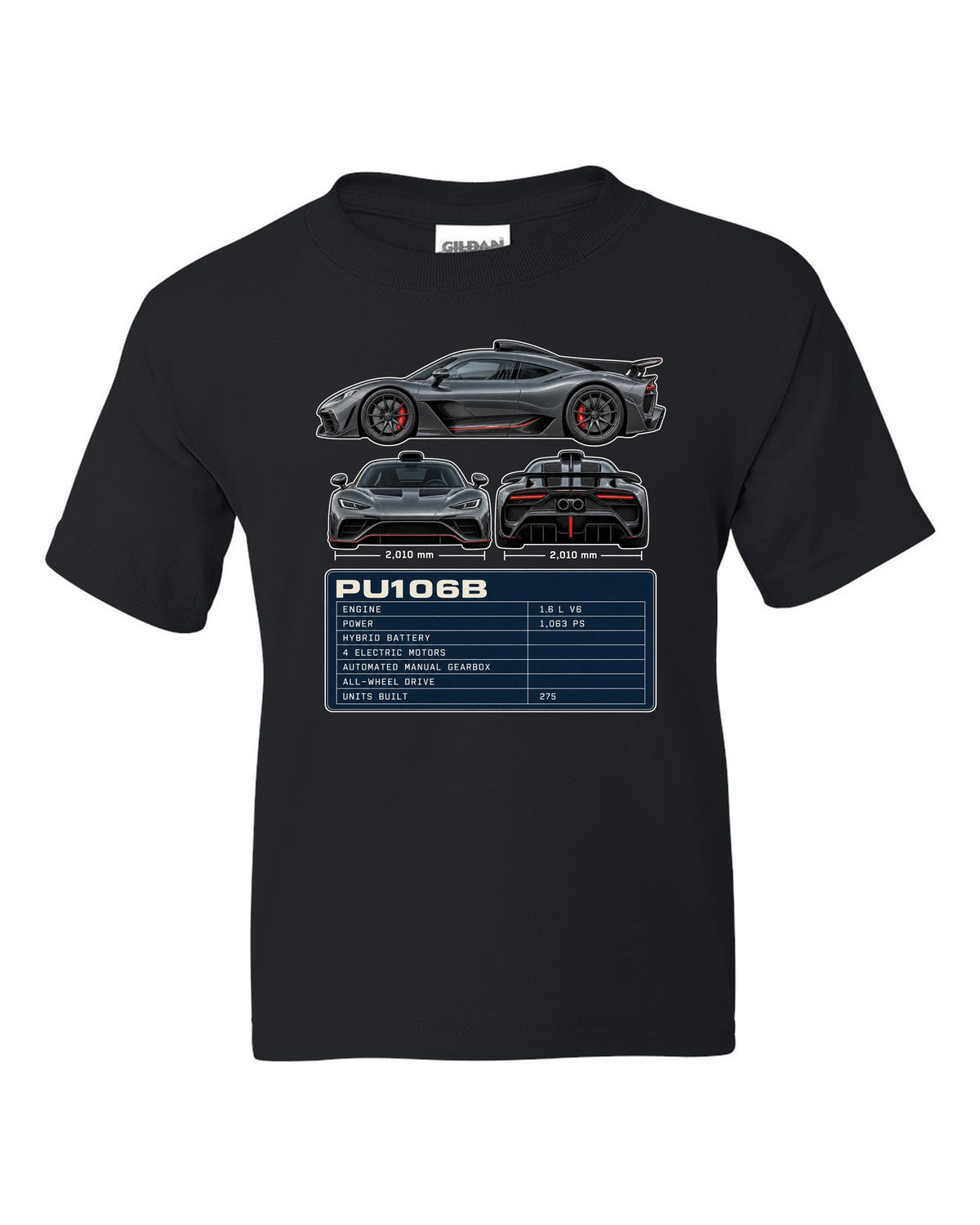 Mercedes-AMG One three-view drawing with PU106B spec table black kids tee front view with the design