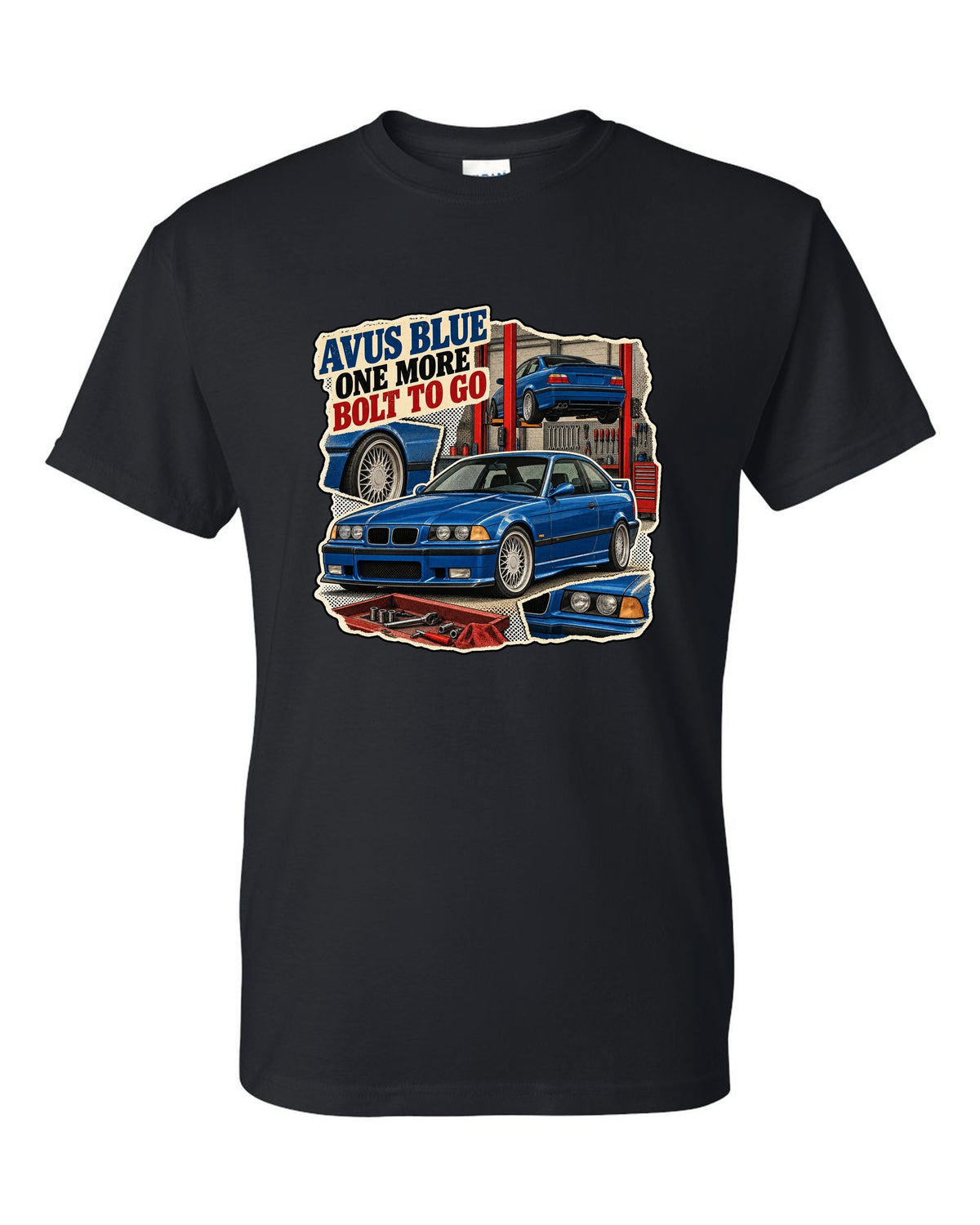 Vintage magazine ad collage print of an Avus Blue BMW E36 M3 with one more bolt to go text black t-shirt front view with the design