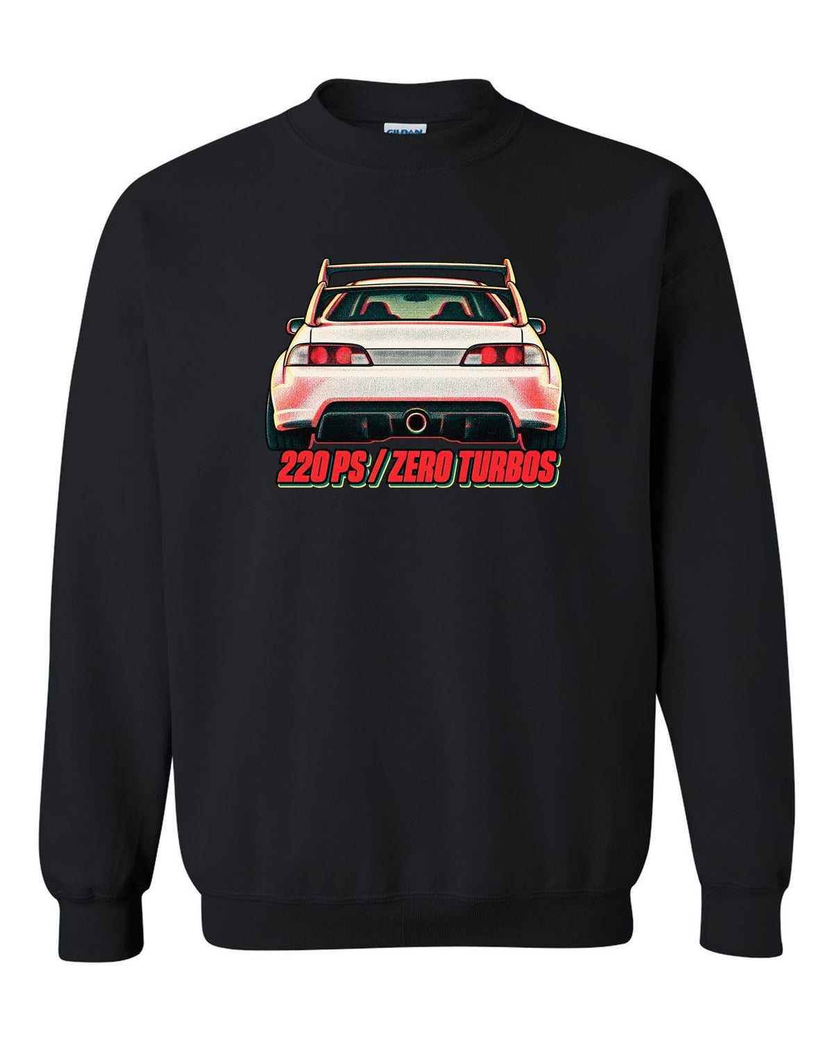 Risograph duotone print of a Honda Integra Type R DC5 with 220 PS zero turbos text black crewneck front view with the design