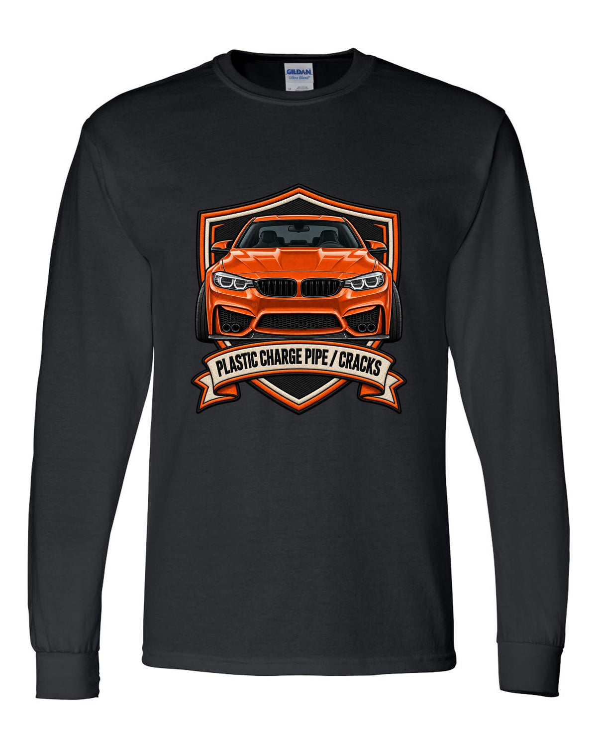BMW F80 M3 varsity crest print with charge pipe joke text black long sleeve front view with the design