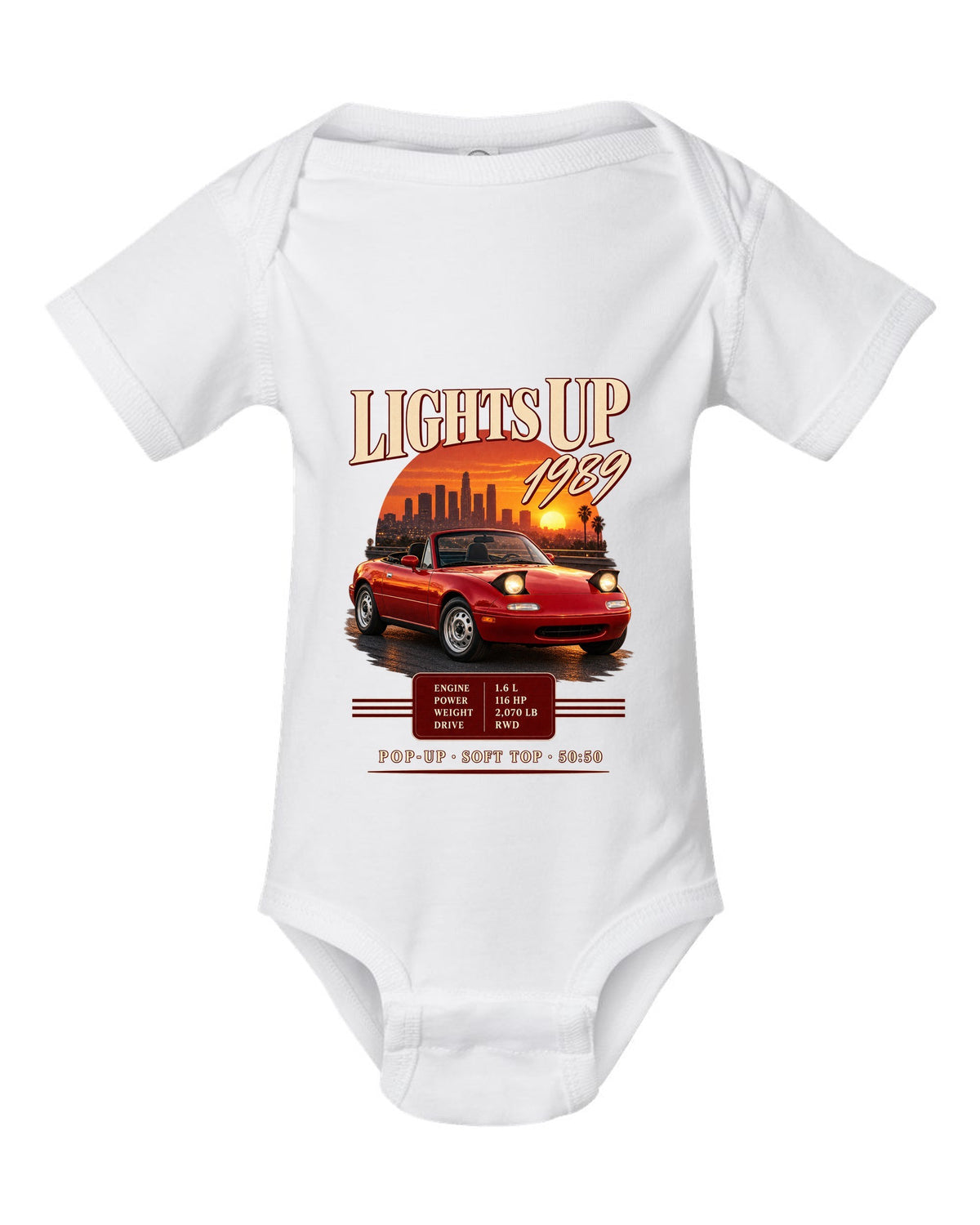 Archive panel print for the 1989 Mazda MX-5 NA with 116 HP, 2,070 lb and pop-up headlight specs white baby onesie front view with the design