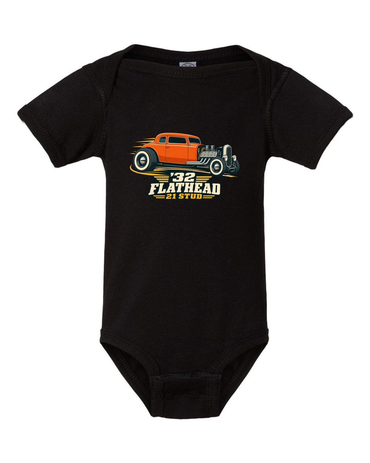 print of a two-tone flat vector 1932 Ford Deuce three-window coupe with flathead lettering black baby onesie front view with the design