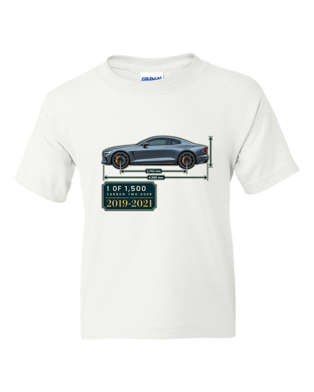 Polestar 1 archive panel print showing 1 of 1,500 carbon two-door white kids tee front view with the design