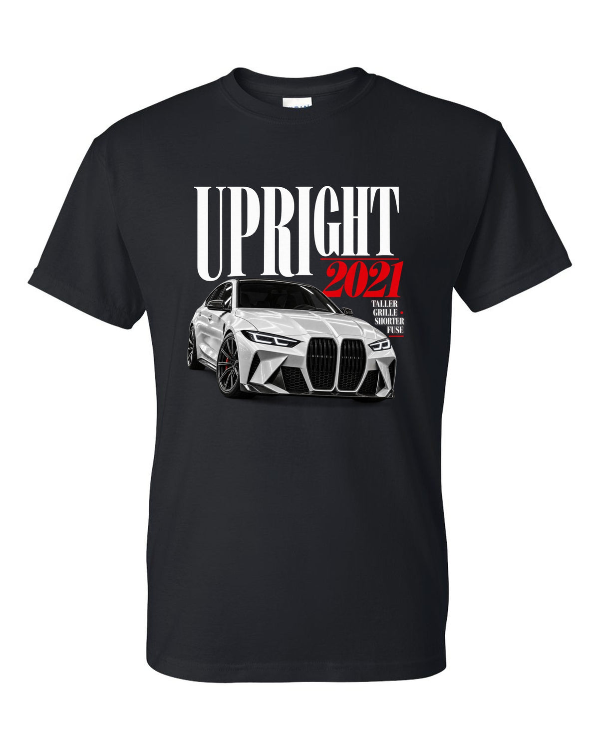 BMW G80 M3 editorial print with upright 2021 headline and grille tagline black t-shirt front view with the design