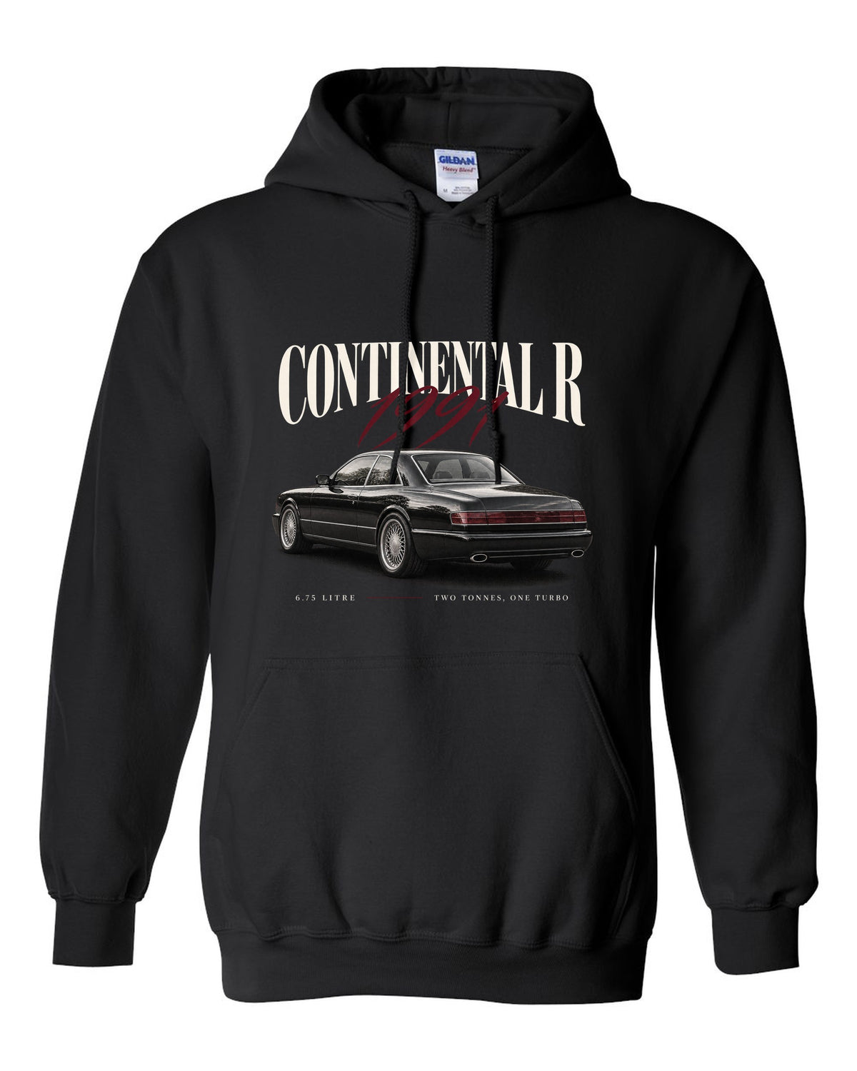 Bentley Continental R editorial headline print black pull over hoodie front view with the design