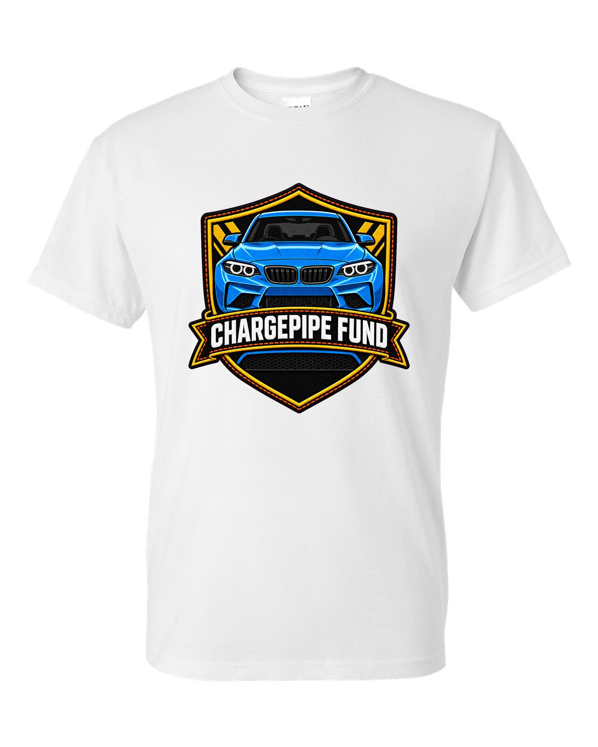 Linocut woodcut-style print of a BMW M2 G87 brake duct with 453 HP text white t-shirt front view with the design