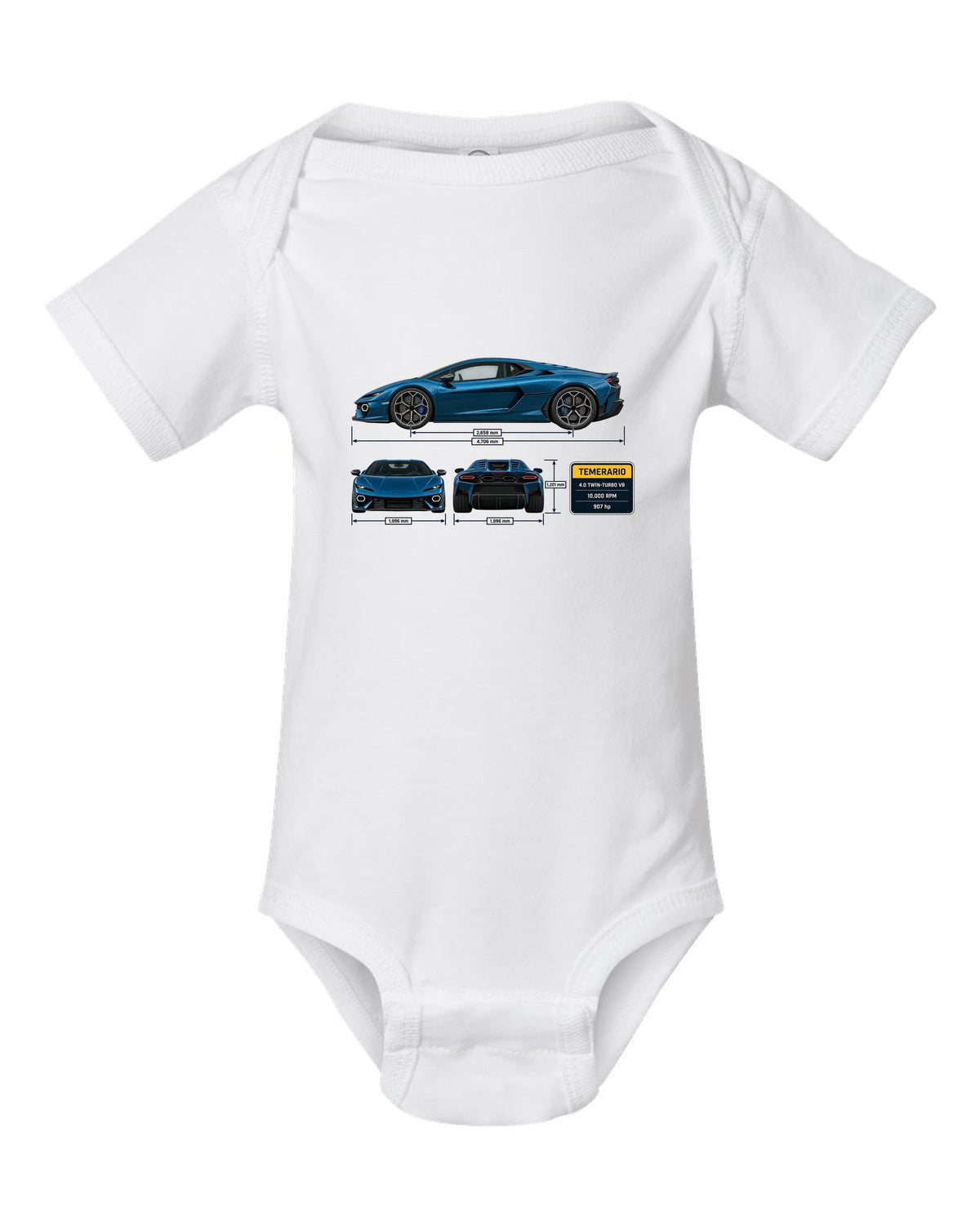 Three-view spec print of the Lamborghini Temerario white baby onesie front view with the design