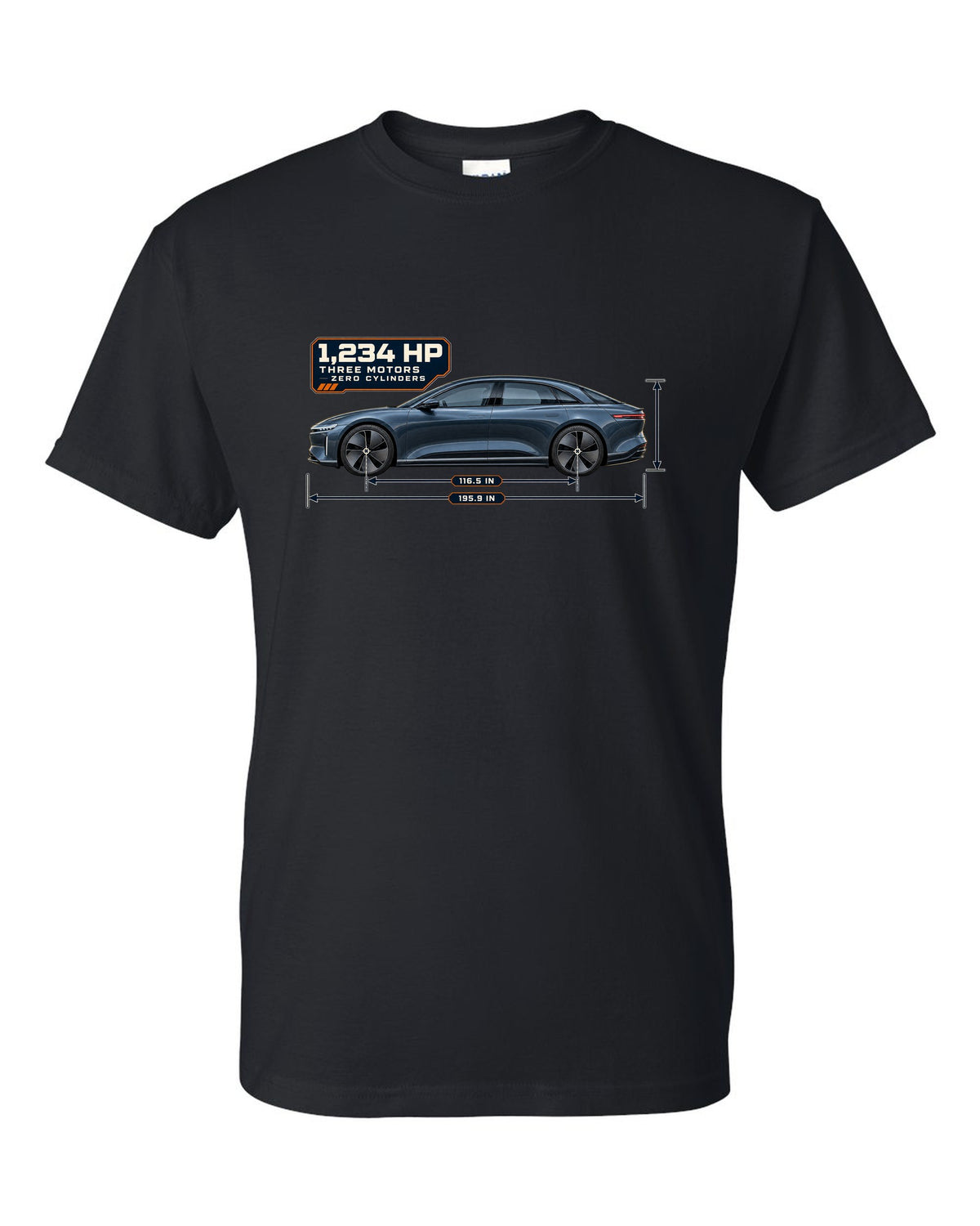 Dimension blueprint print of a Lucid Air Sapphire 2023 black t-shirt front view with the design