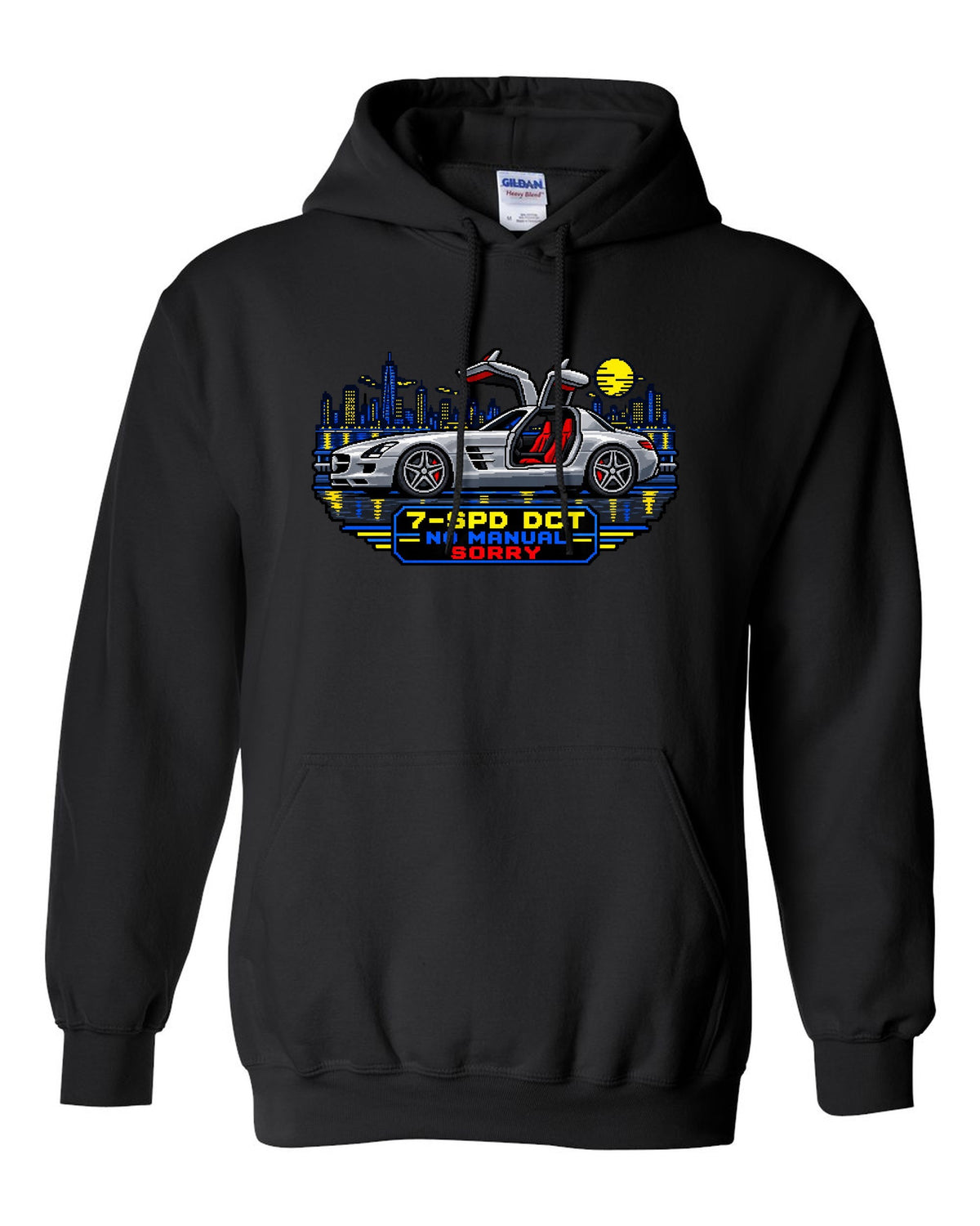 16-bit pixel art Mercedes SLS AMG C197 gullwing with 7-SPD DCT No Manual Sorry text black pull over hoodie front view with the design