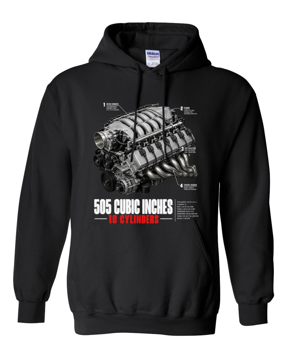 Dodge Viper SRT-10 ZB I 8.3L V10 engine hero print with 505 cubic inches lettering black pull over hoodie front view with the design