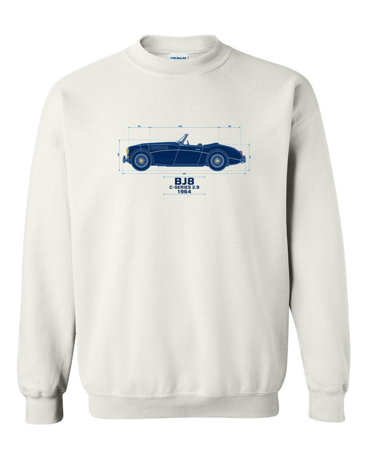 Blueprint line art of a 1964 Austin-Healey 3000 Mk III BJ8 with C-Series 2.9 lettering white crewneck front view with the design