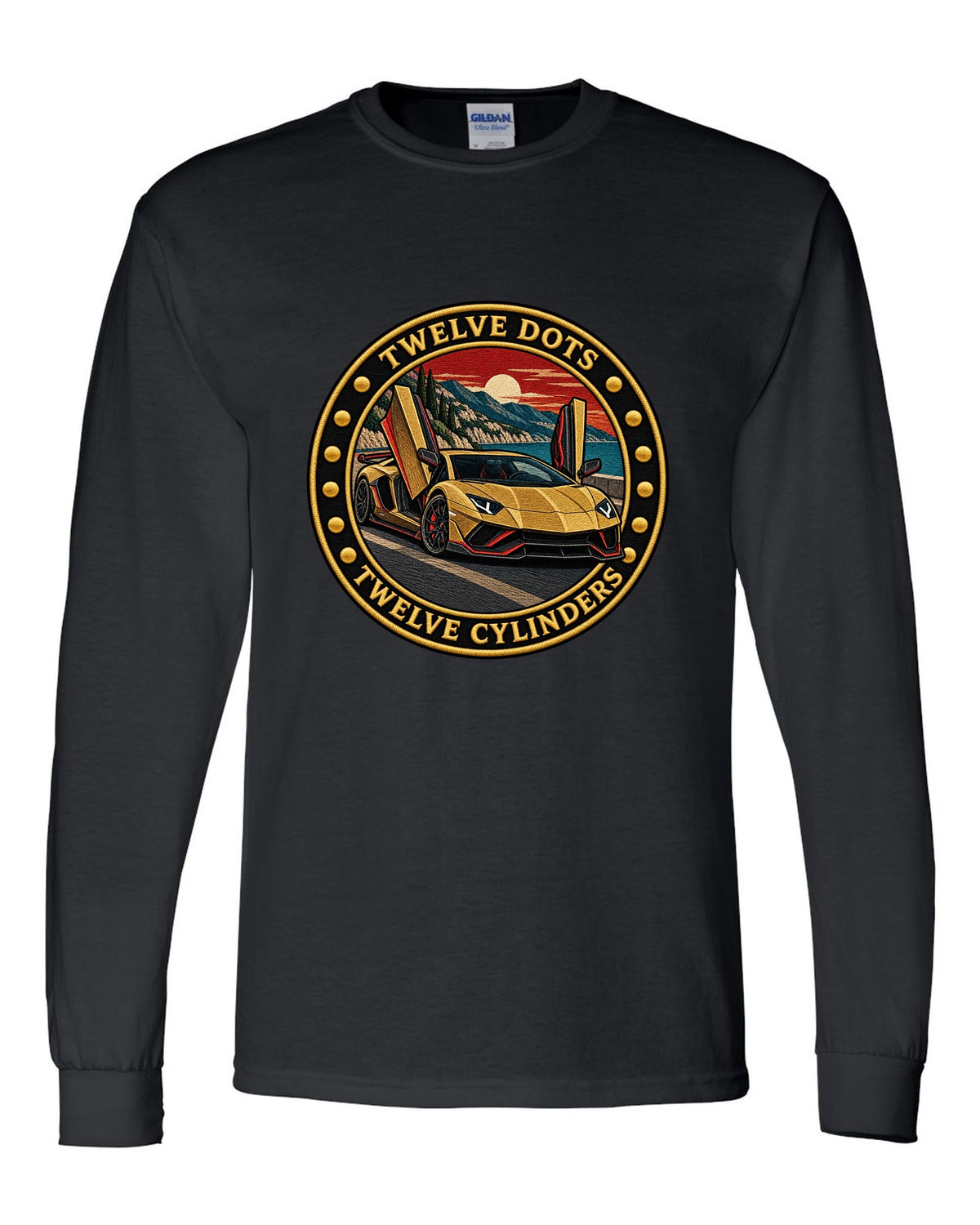 Embroidery-style round crest with a Lamborghini Aventador Ultimae LP780-4 and text TWELVE DOTS / TWELVE CYLINDERS black long sleeve front view with the design
