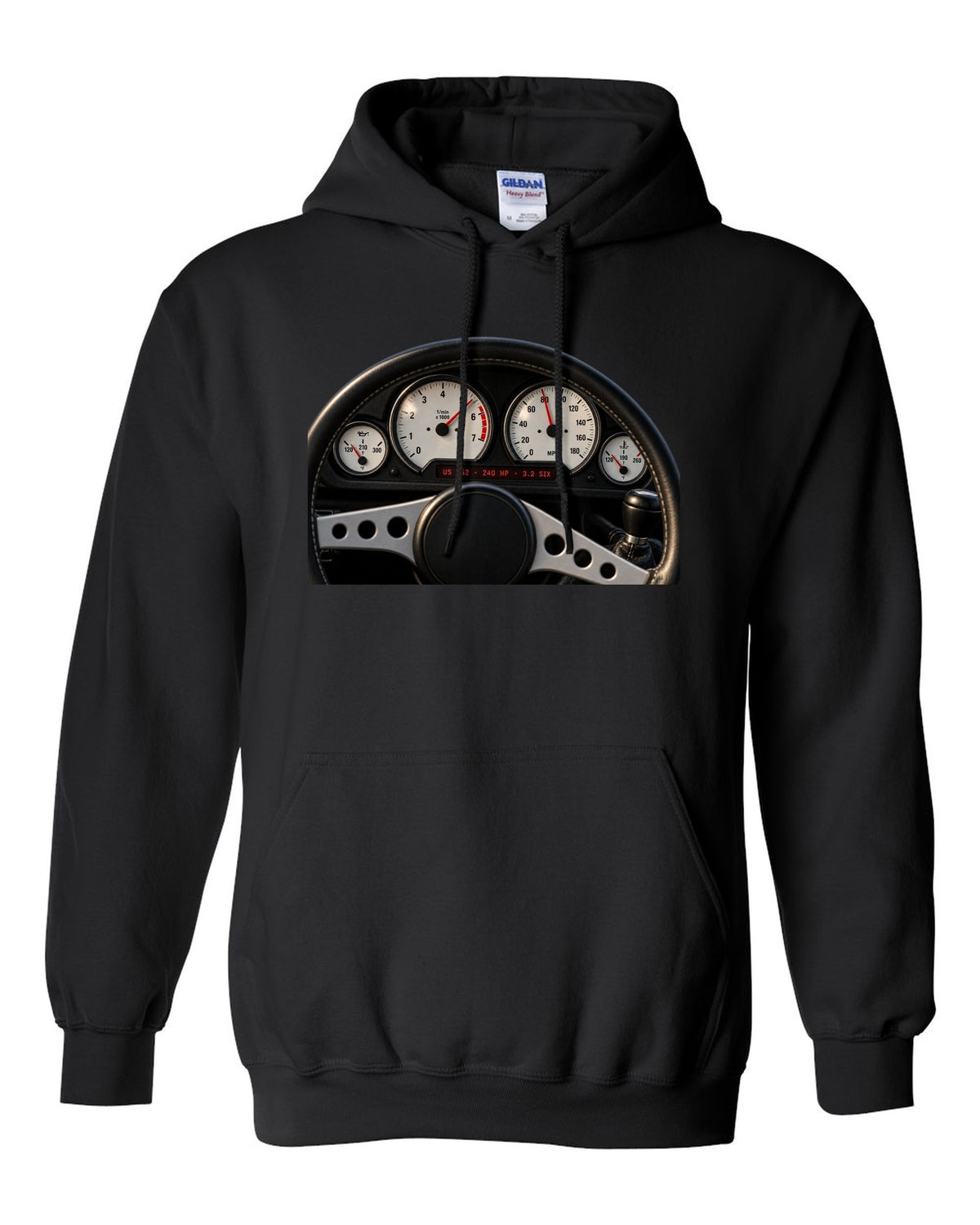 BMW E36 M3 coupe US S52 cockpit gauge print with 240 HP and 3.2 six text black pull over hoodie front view with the design
