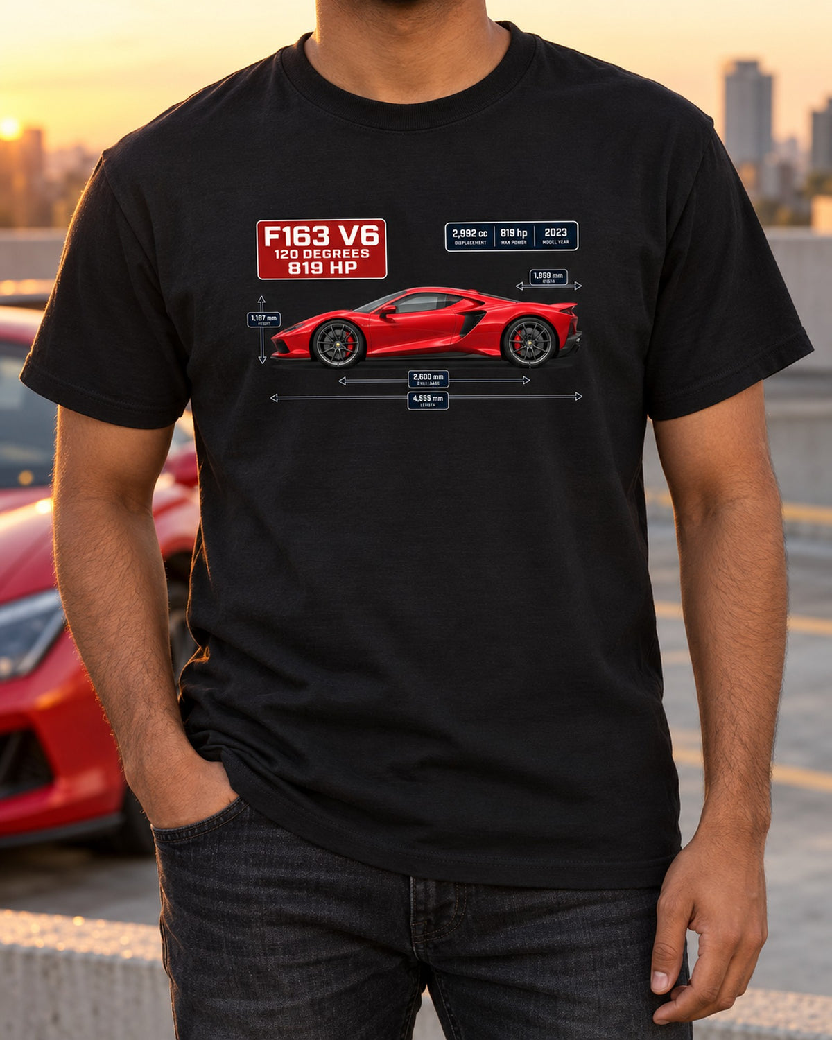 Ferrari 296 GTB Dimension Blueprint Tee, Car Guy Gift T-Shirt Black worn hero