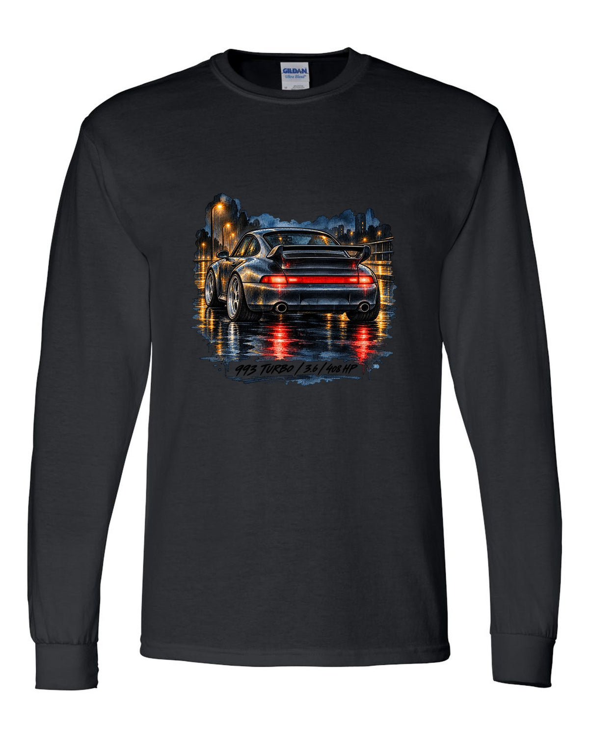 Spec sheet data plate design for the 1978 Porsche 911 Turbo 3.3 930 black long sleeve front view with the design