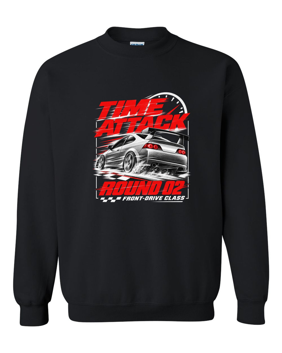 Honda Integra DC5 Type R race poster design for time attack round 02 front-drive class black crewneck front view with the design