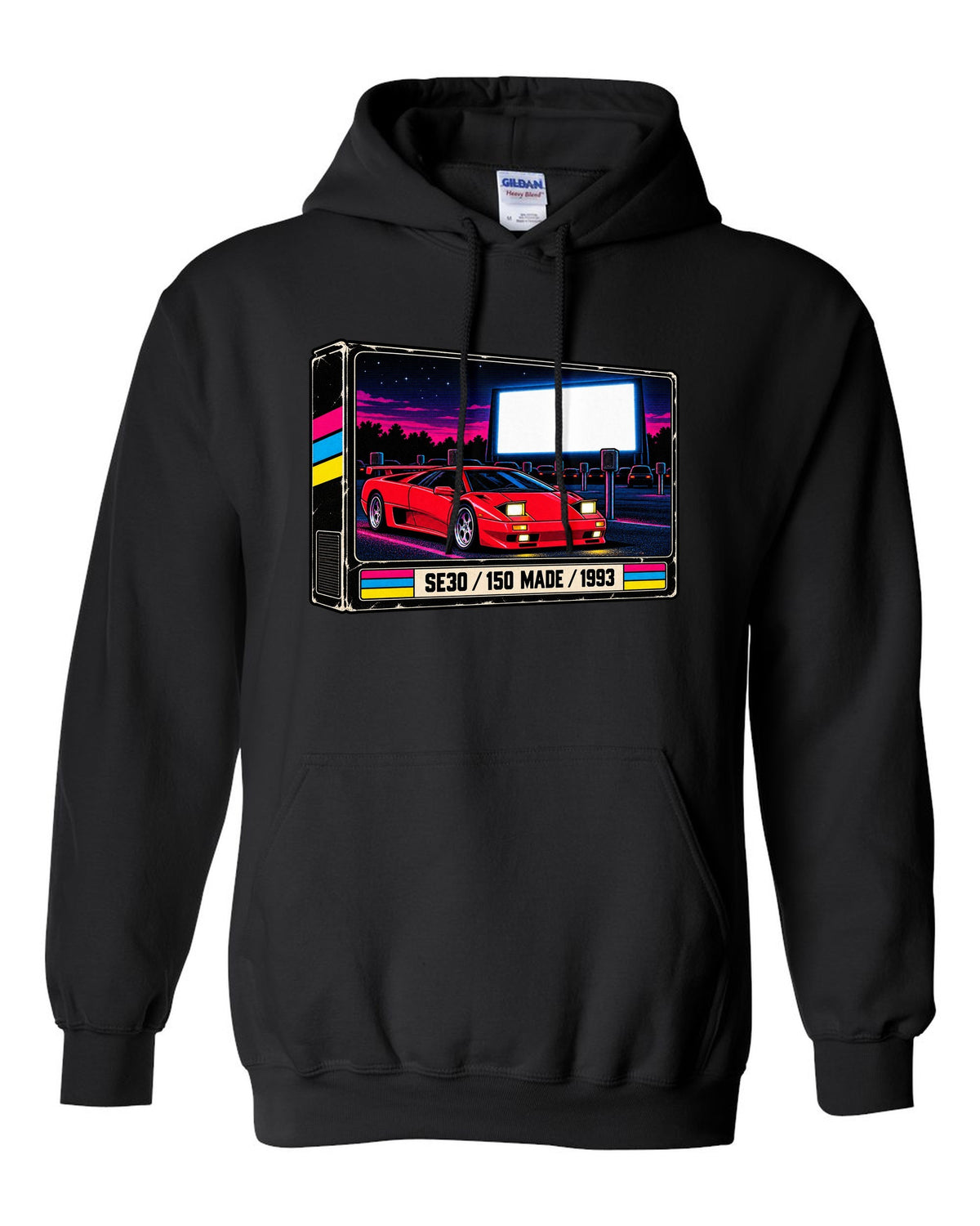 VHS cassette packaging style print of a 1993 Lamborghini Diablo SE30 with 150 made lettering black pull over hoodie front view with the design
