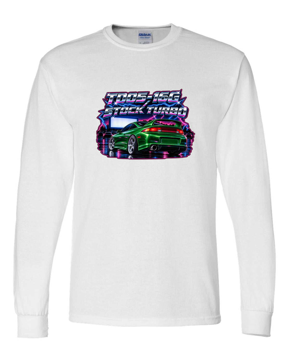 80s airbrush chrome print of a Mitsubishi Eclipse GSX 2G with TD05-16G stock turbo text white long sleeve front view with the design