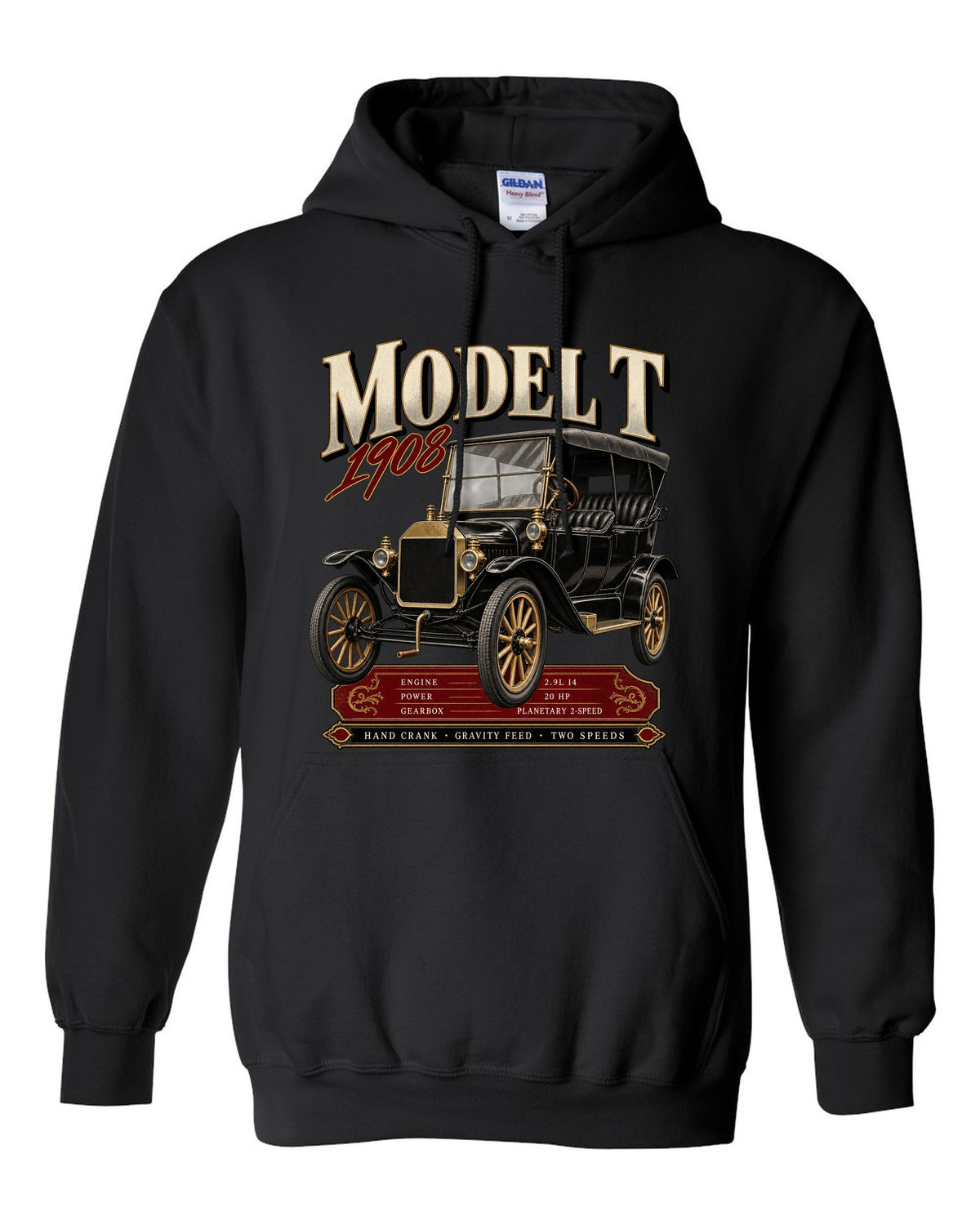 Archive panel print of a Ford Model T touring car with engine specs black pull over hoodie front view with the design