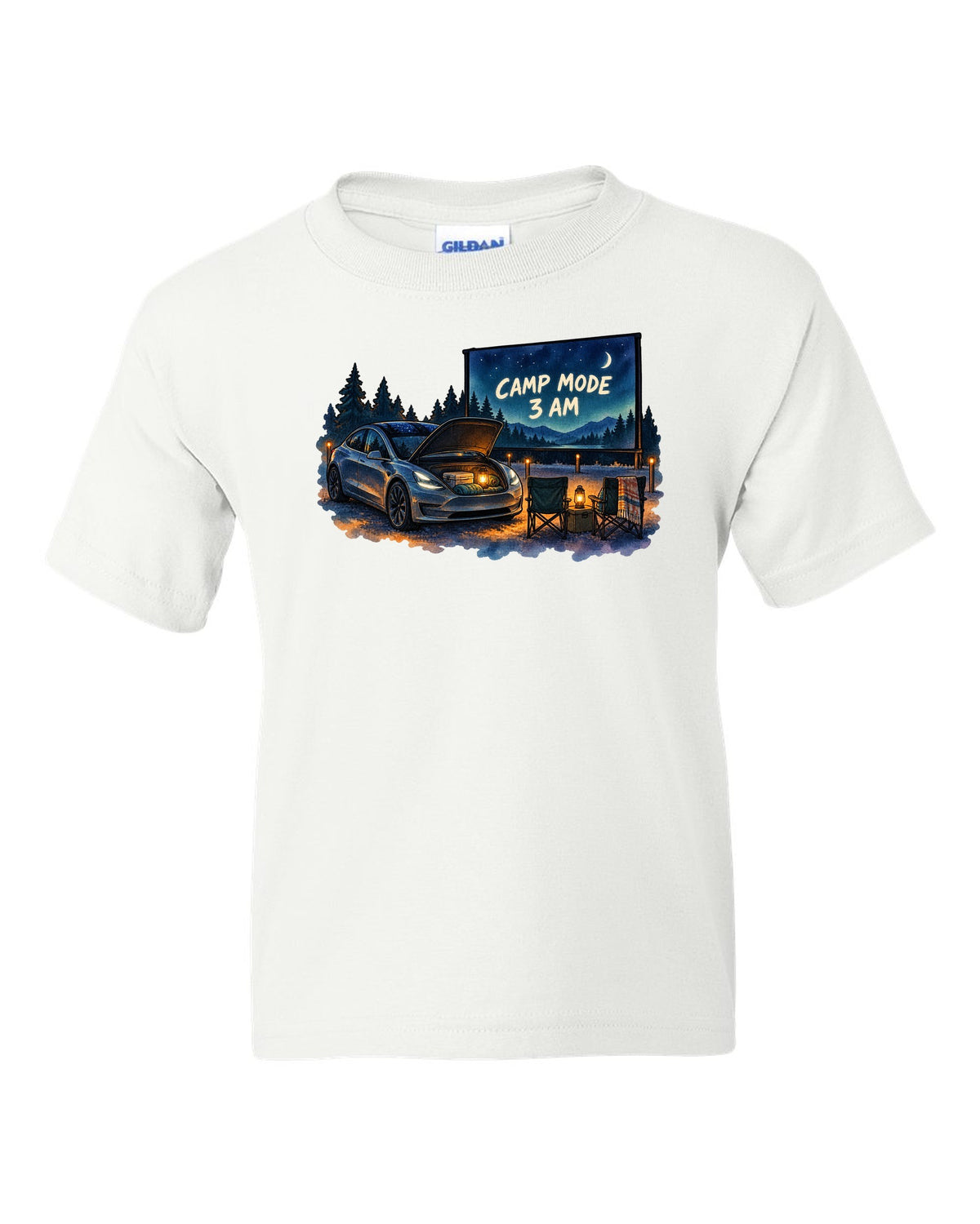 Watercolor wash print of a Tesla Model 3 with the words Camp Mode 3 AM white kids tee front view with the design
