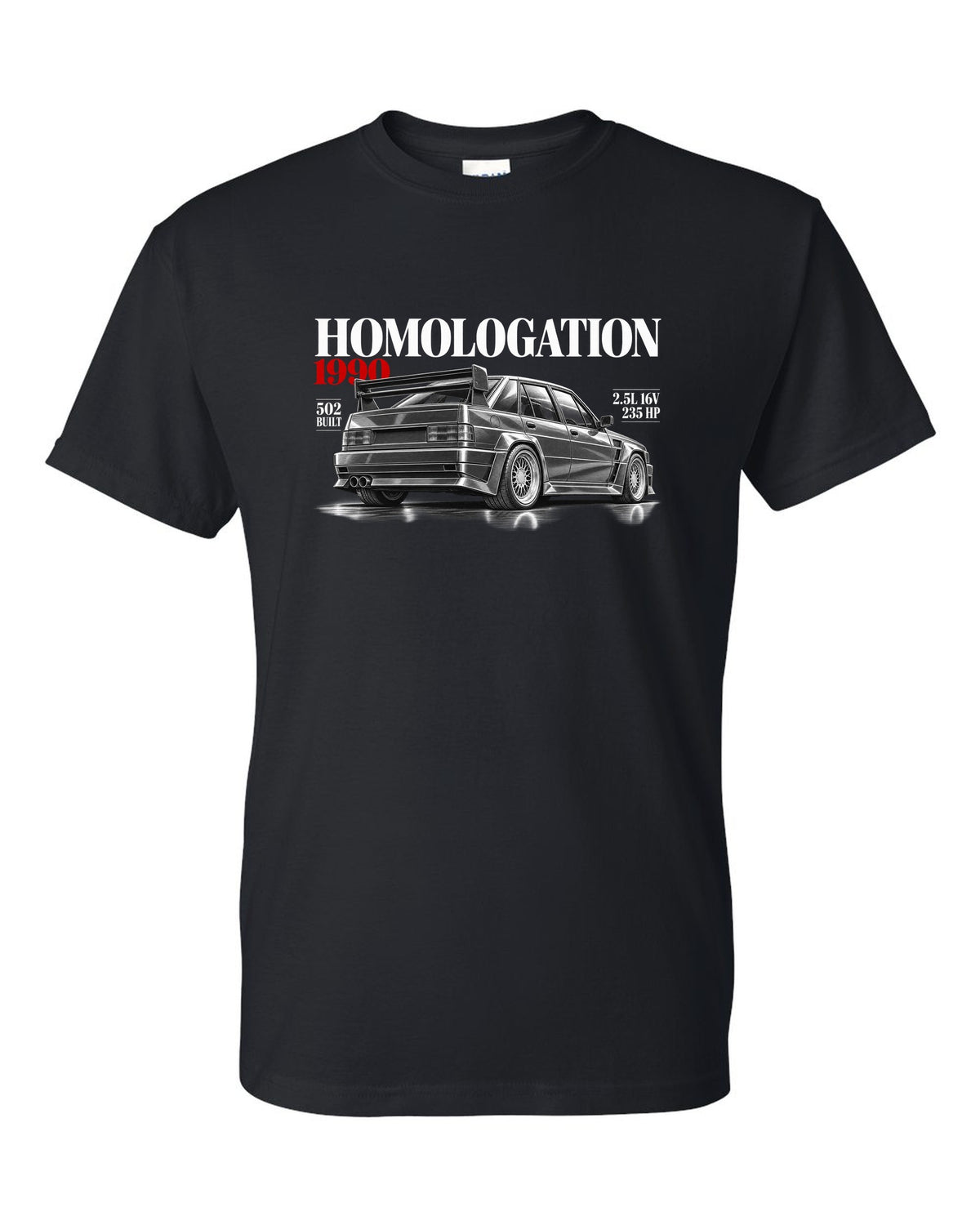 print editorial headline of a Mercedes 190E 2.5-16 Evolution II W201 with homologation 1990 502 built black t-shirt front view with the design